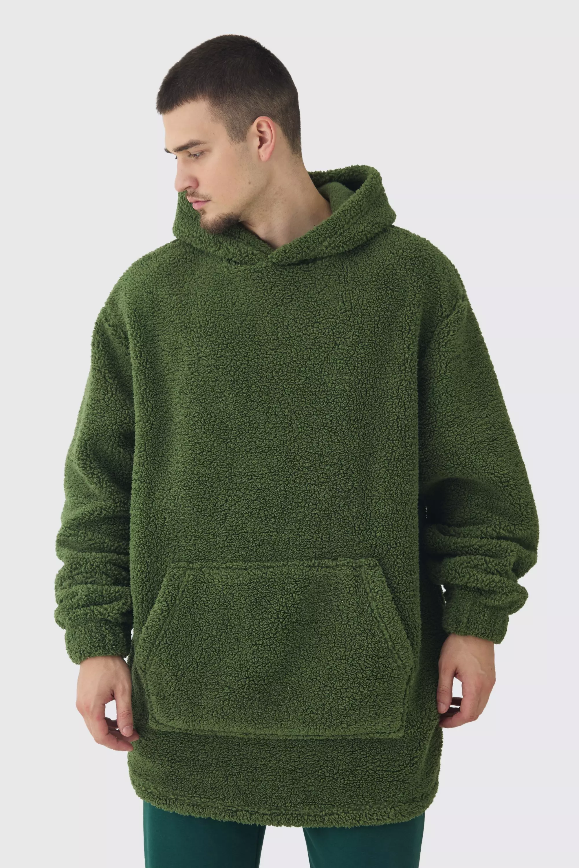 Tall Extreme Oversized Borg Lounge Hoodie In Forest boohooMAN USA