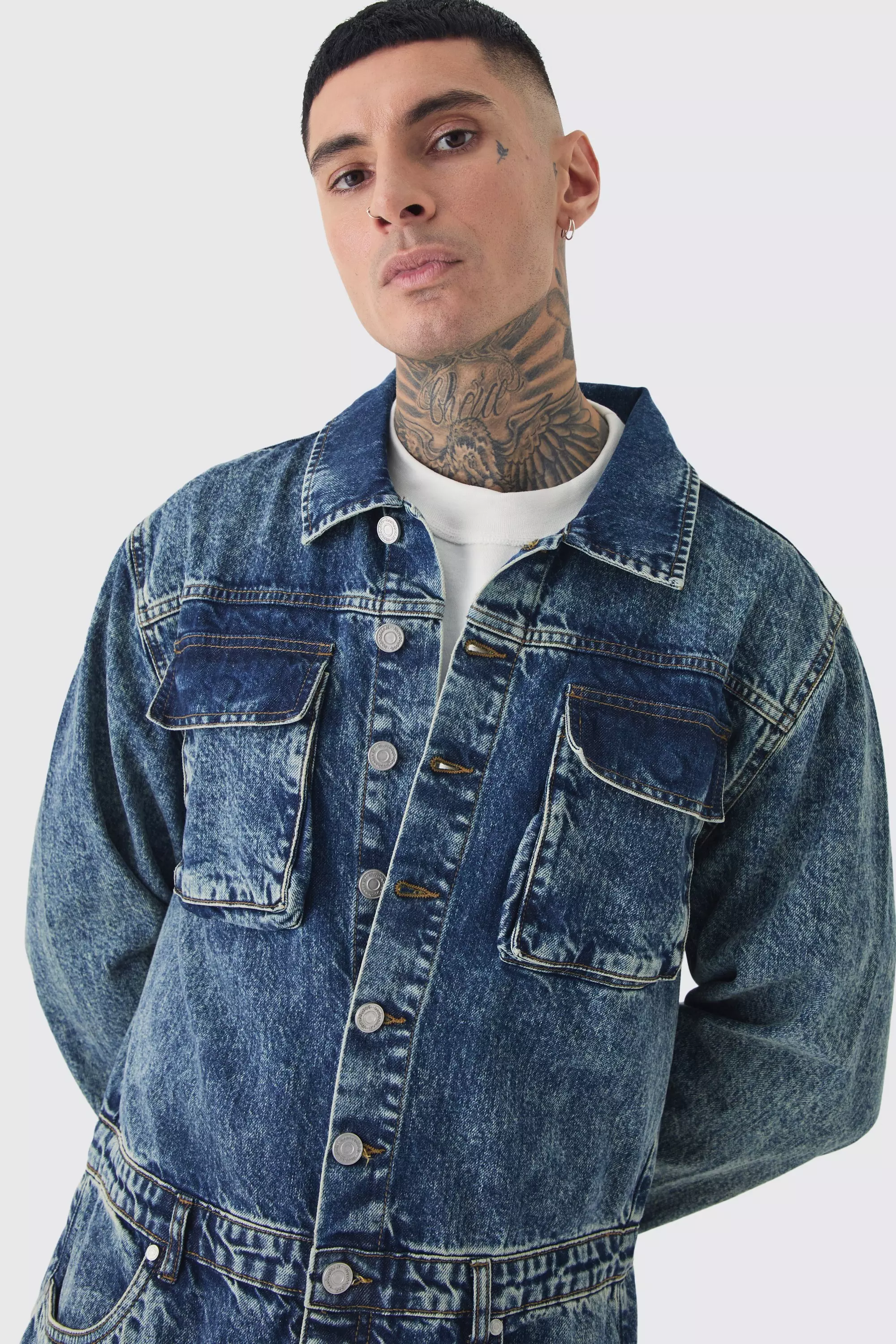 Tuta Intera Da Lavoro Tall Oversize In Denim, Vintage blue immagine alternativa