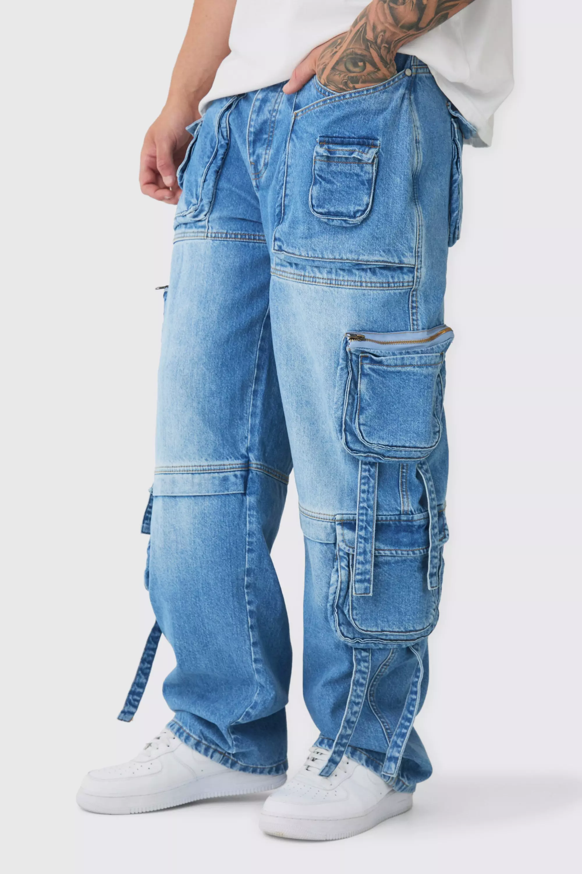 Tall Baggy Rigid Multi Pocket Strap Detail Cargo Jeans Light blue