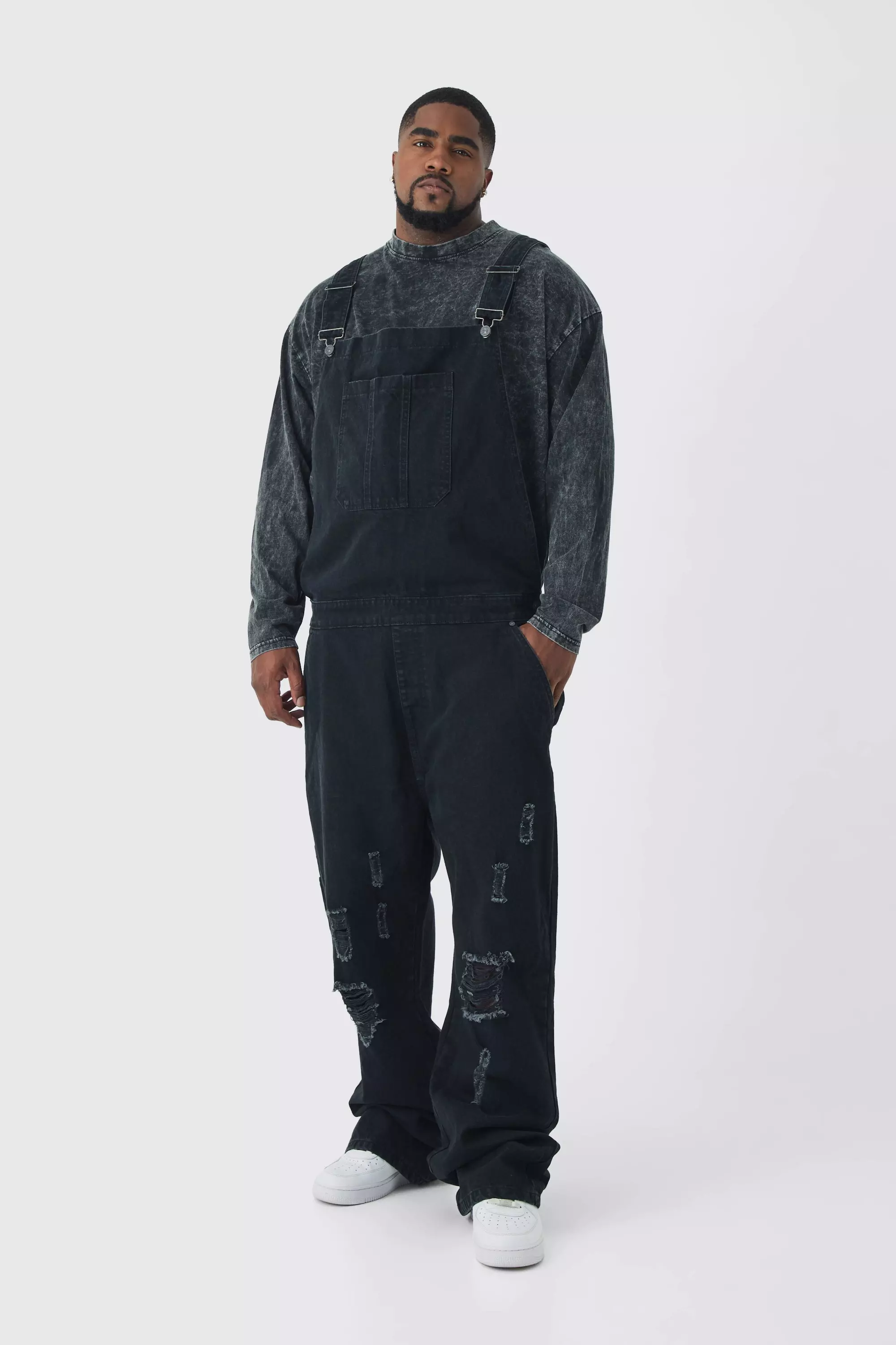 Black Plus Straight Leg Distressed Dungaree