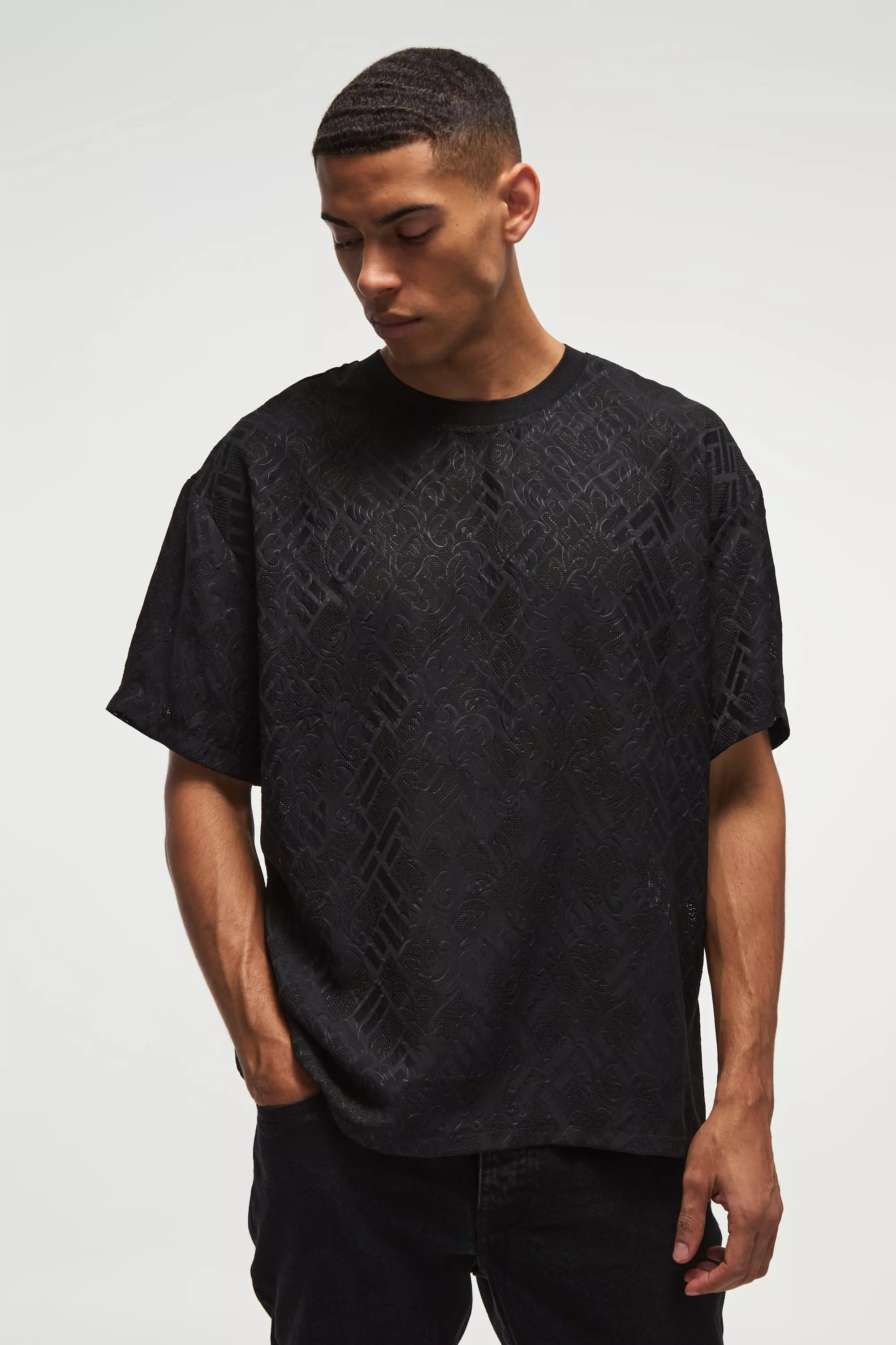 Black Oversized Textured Tapestry T-shirt