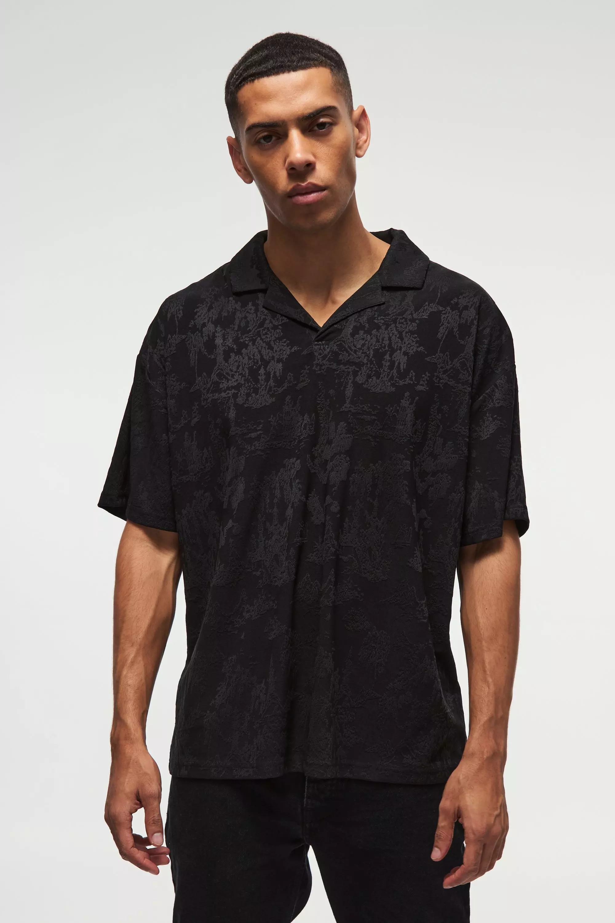 Black Oversized Revere Textured Tapestry Polo