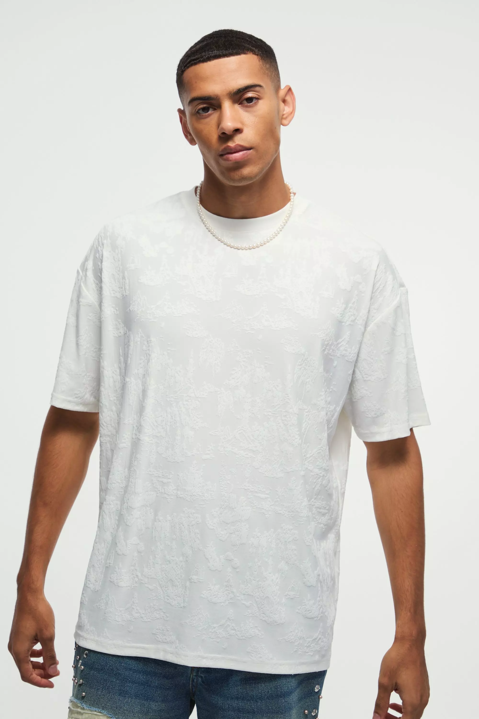 White Oversized Textured Tapestry T-shirt