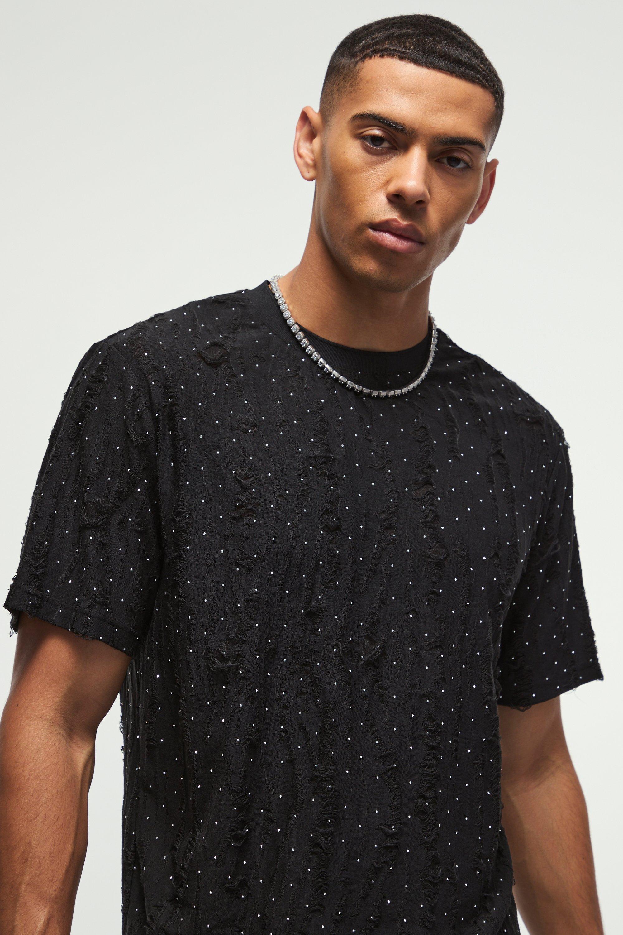 Oversized Distressed Rhinestone T-shirt | boohooMAN USA