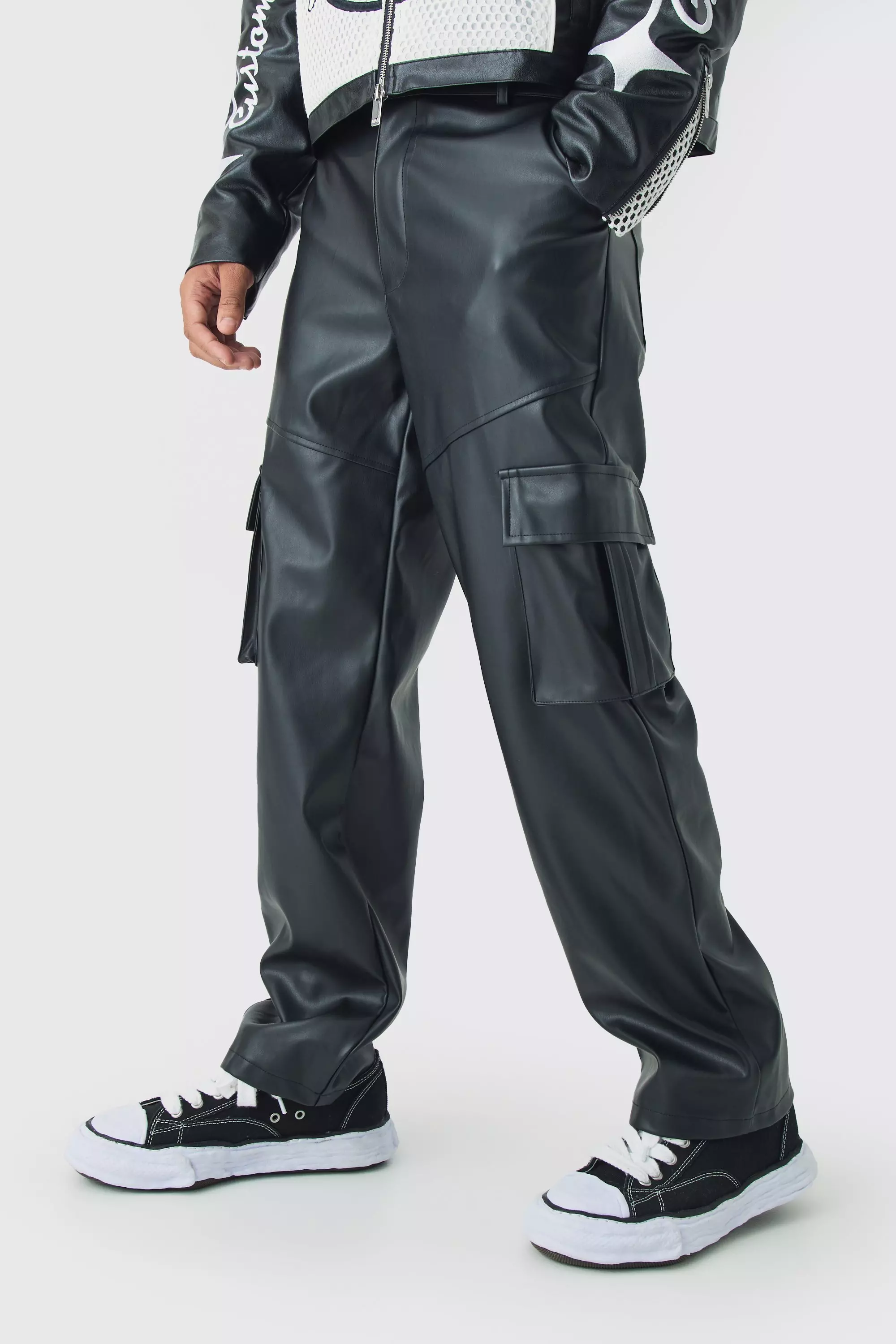 Relaxed Fit Pu Cargo Trousers Black