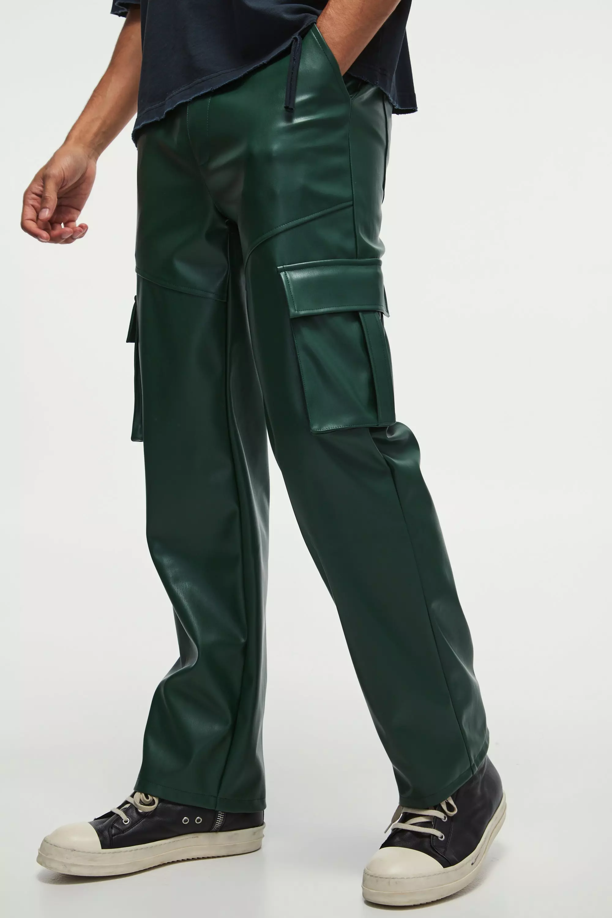 Khaki Relaxed Fit Pu Cargo Pants