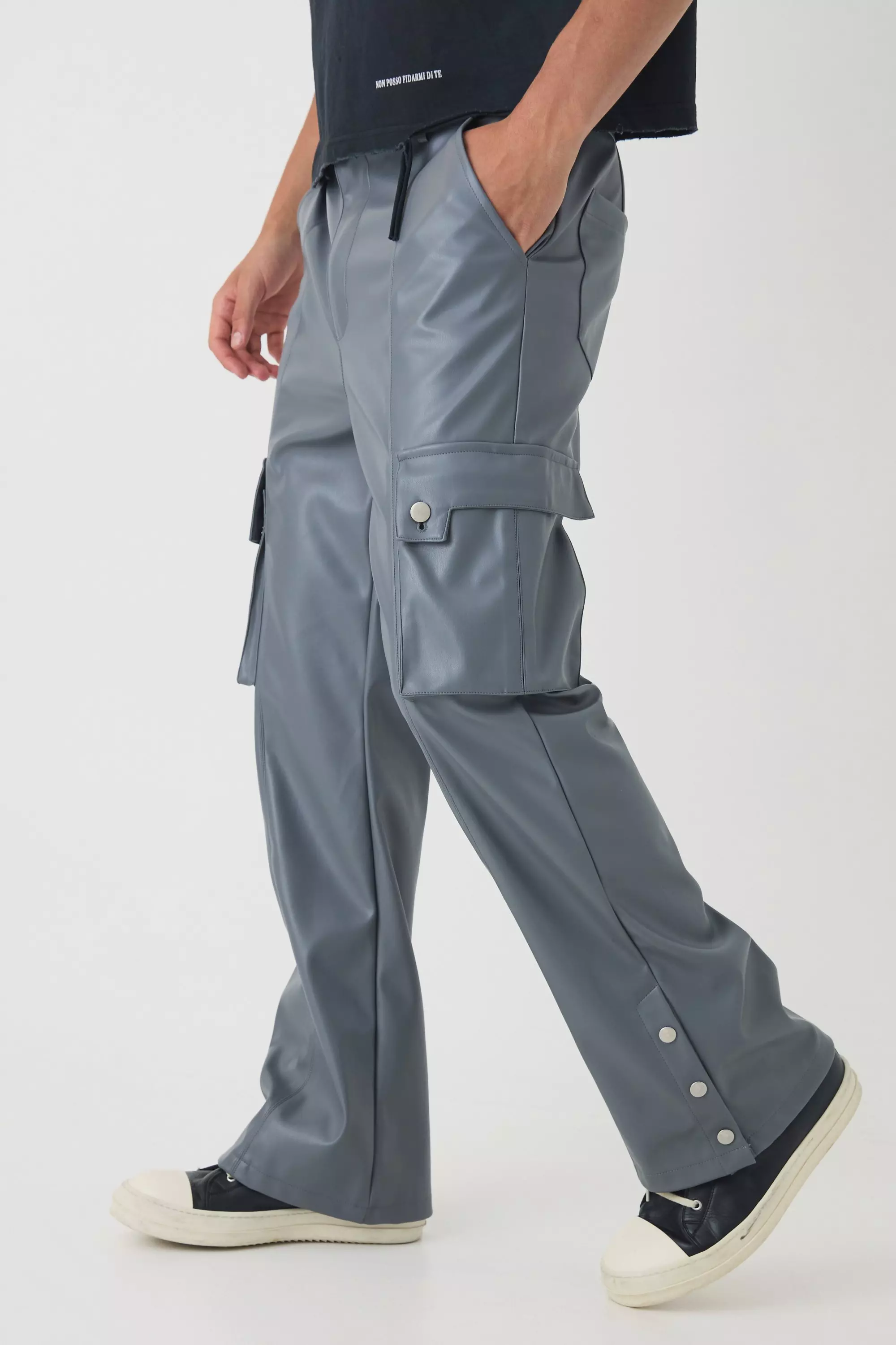 Relaxed Flare Pu Popper Hem Cargo Trousers Charcoal