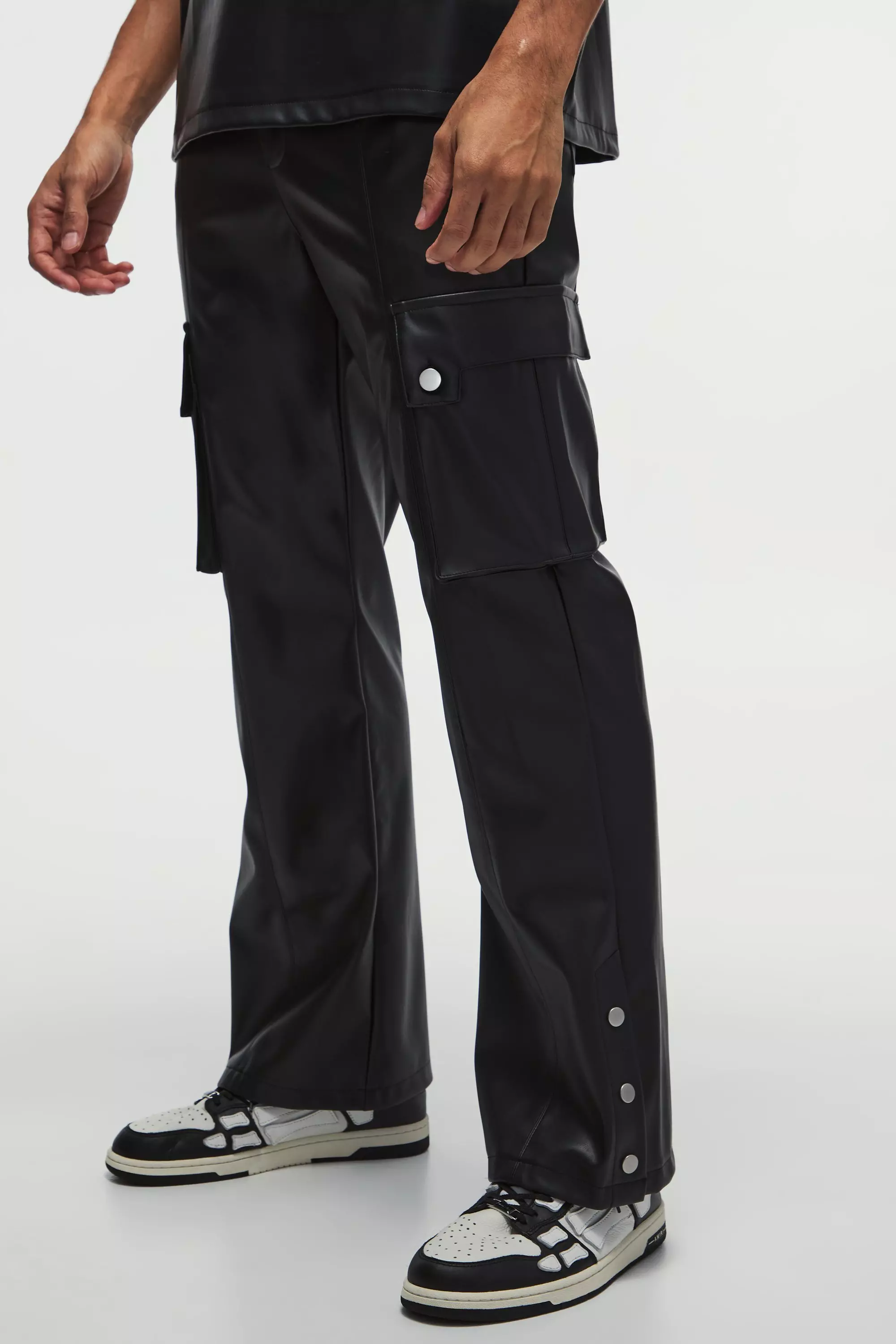 Black Relaxed Flare Pu Popper Hem Cargo Pants