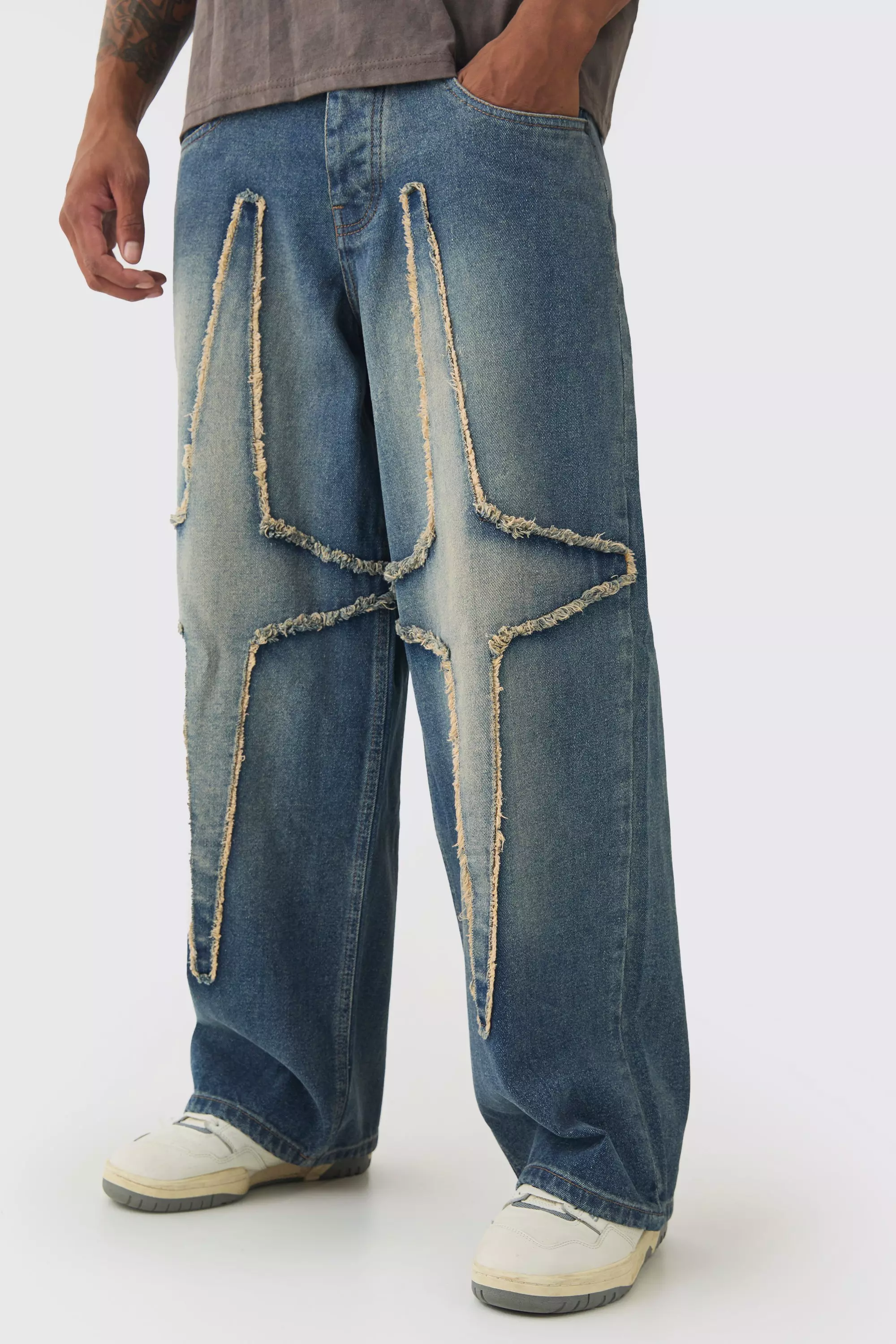 Blue Baggy Fit Rigid Large Distressed Star Jeans