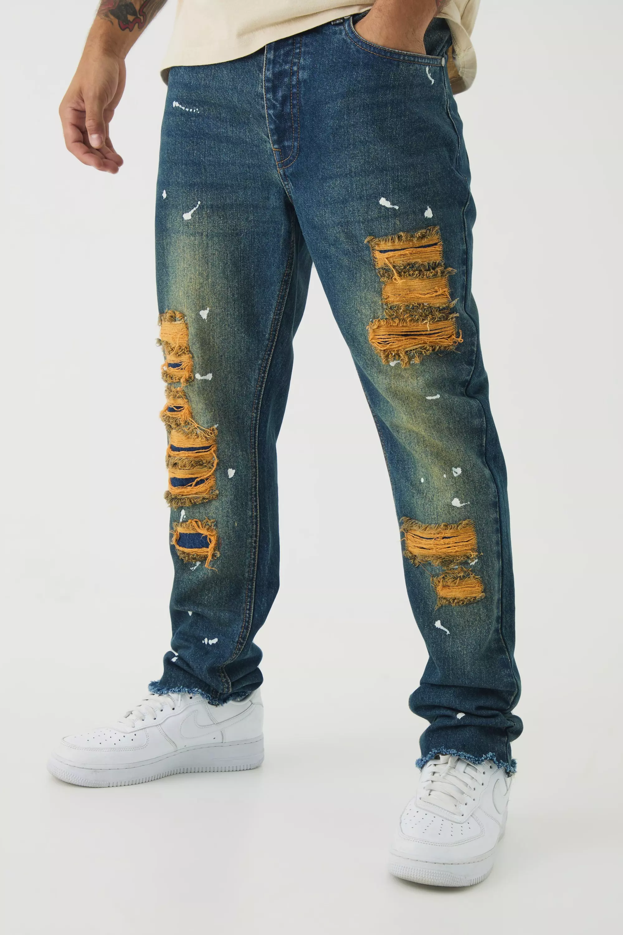 Blue Slim Rigid Paint Splat Ripped Jeans