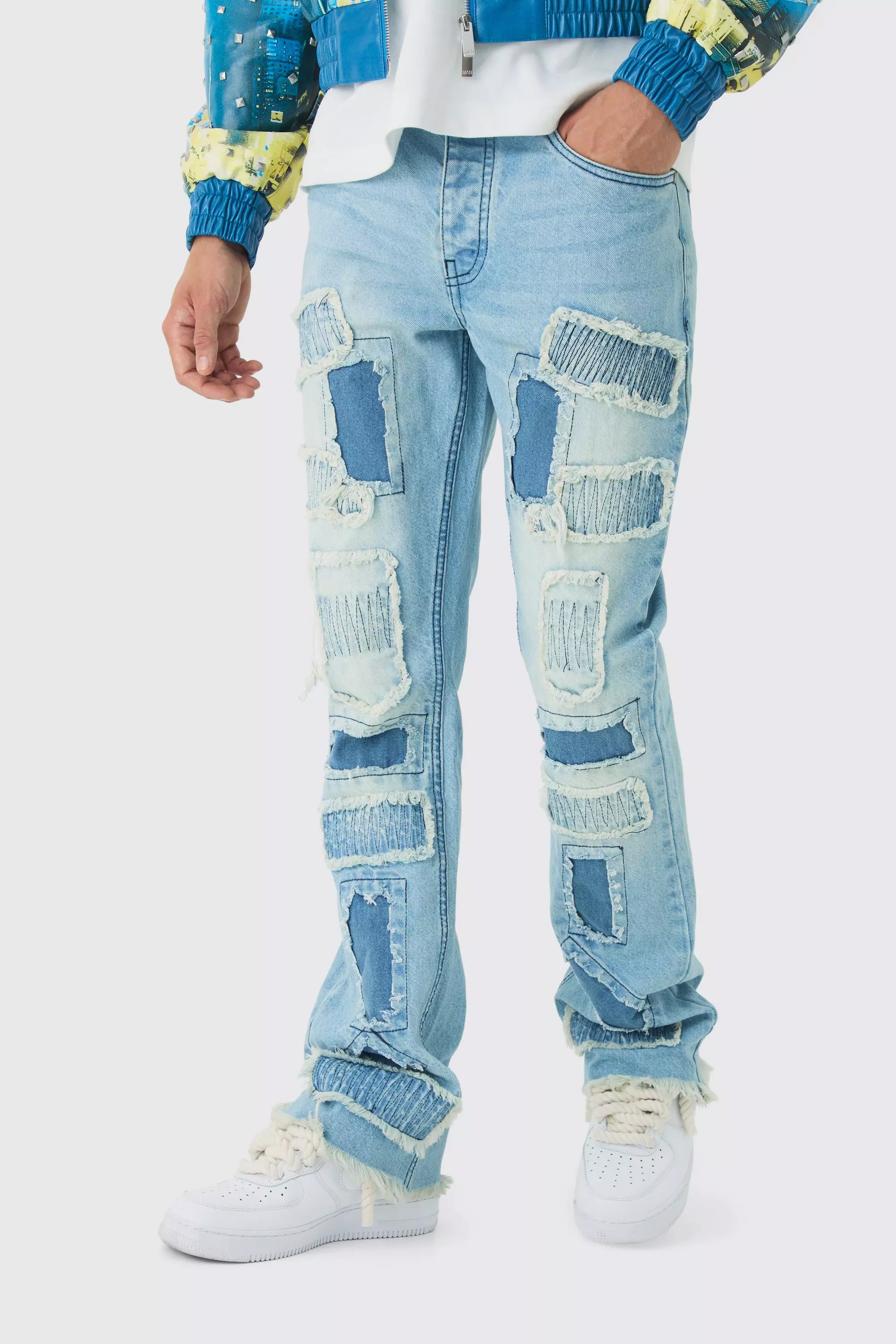 Slim Flared Stacked Rip & Repair Stitch Jeans Light blue