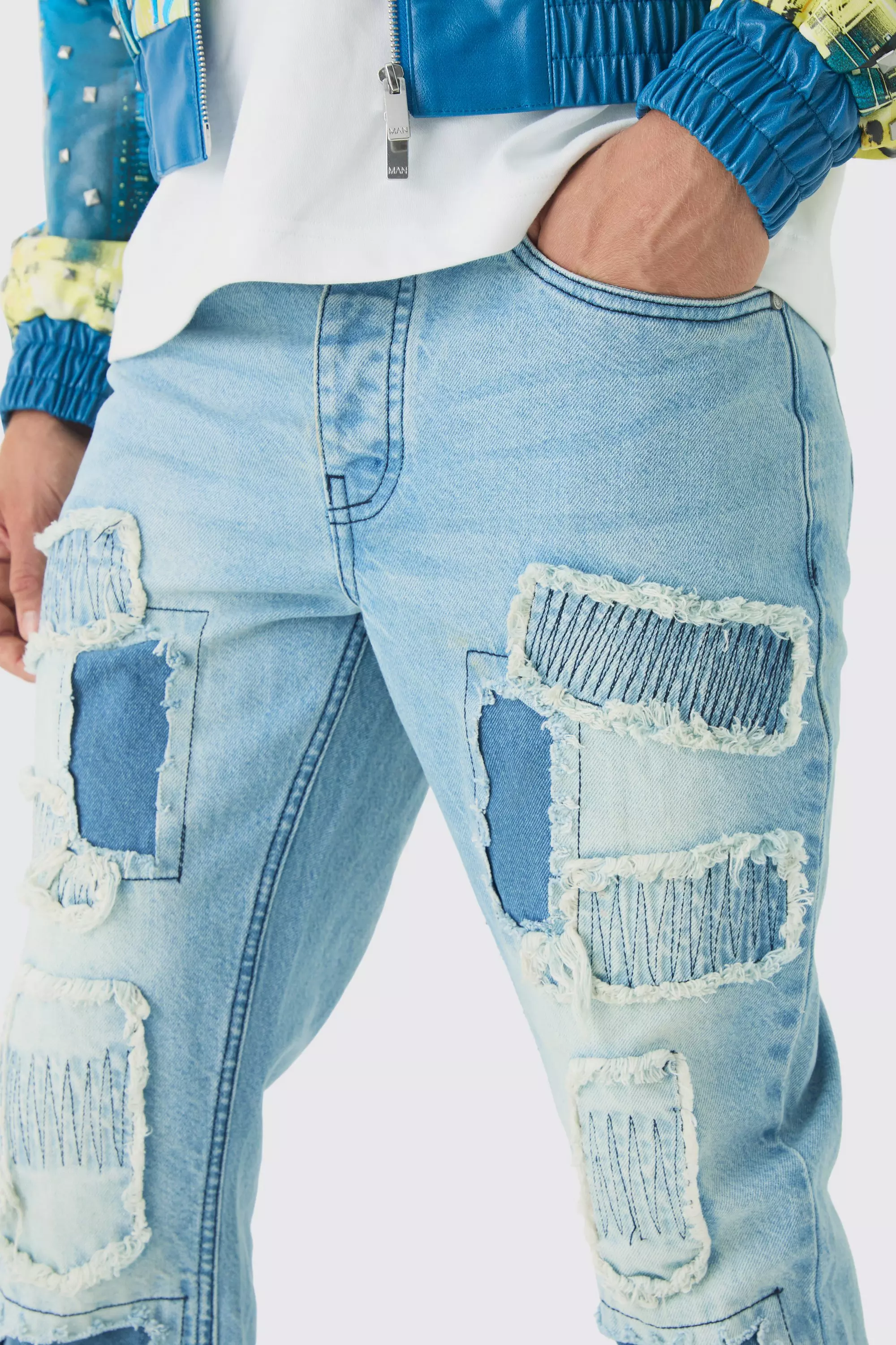 Light blue Flared Stacked Rip & Repair Stitch Jeans alternatieve afbeelding