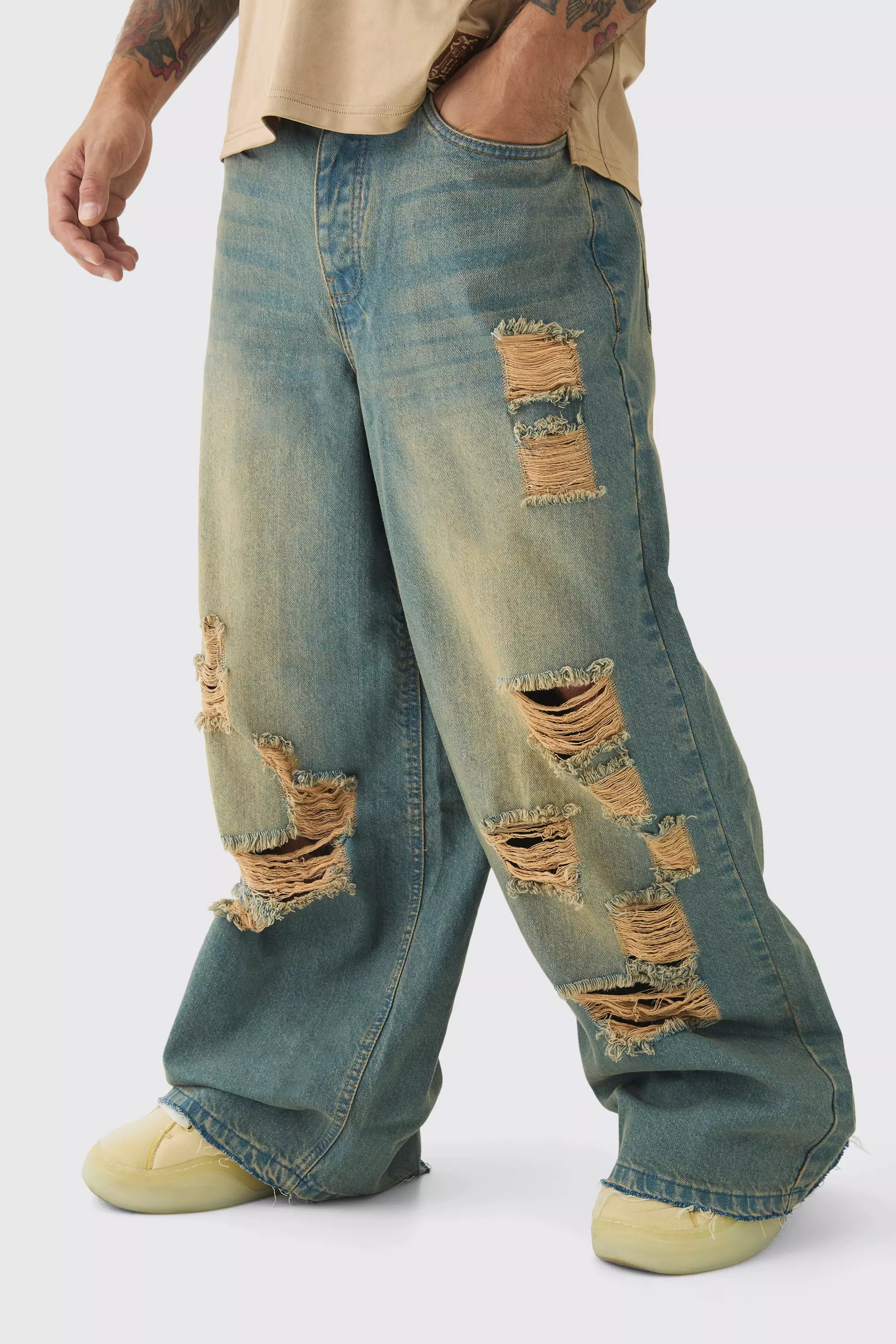 Extreme Baggy Rigid All Over Ripped Jeans | boohooMAN USA