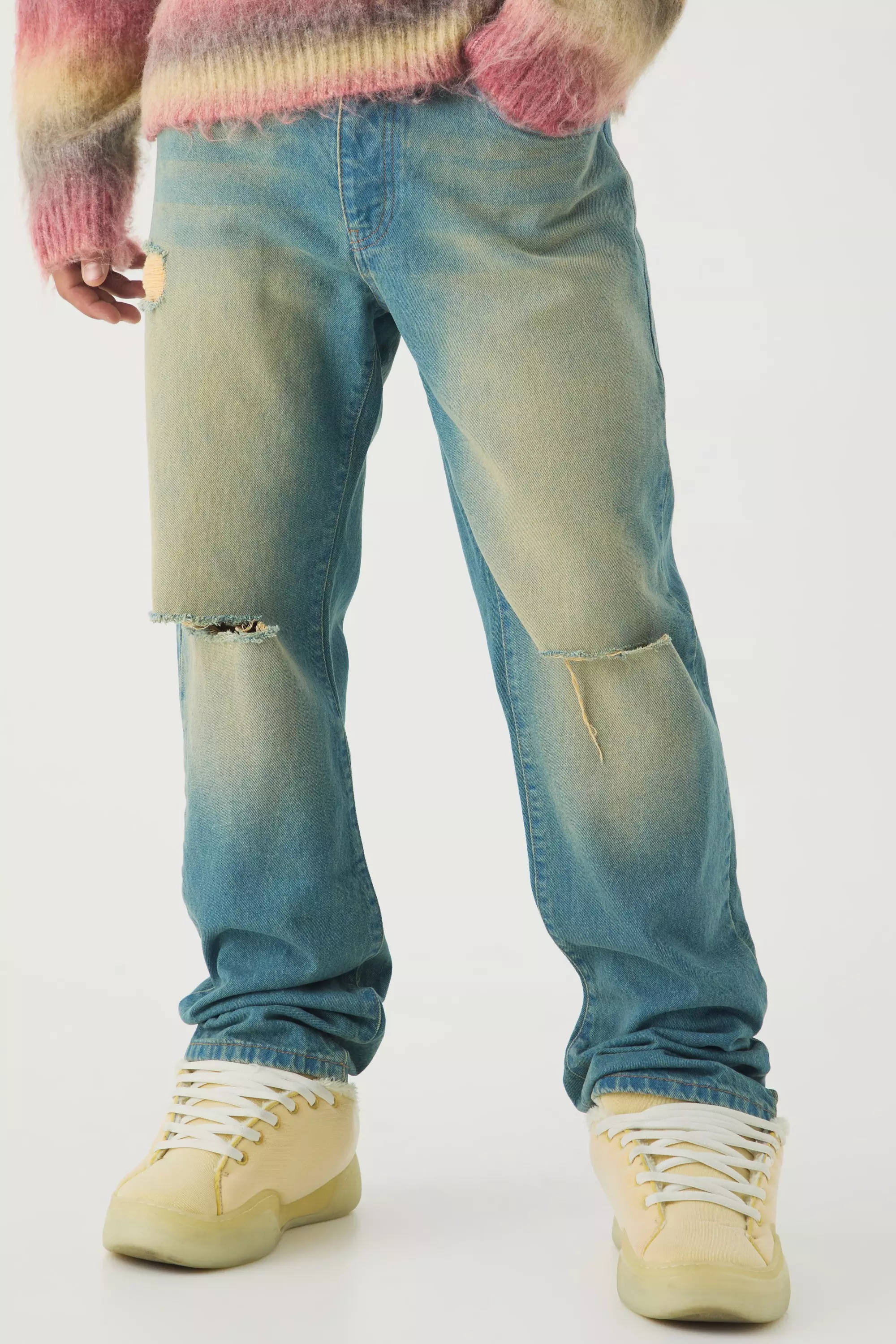 Blue Straight Leg Rigid Ripped Knee Distressed Jeans