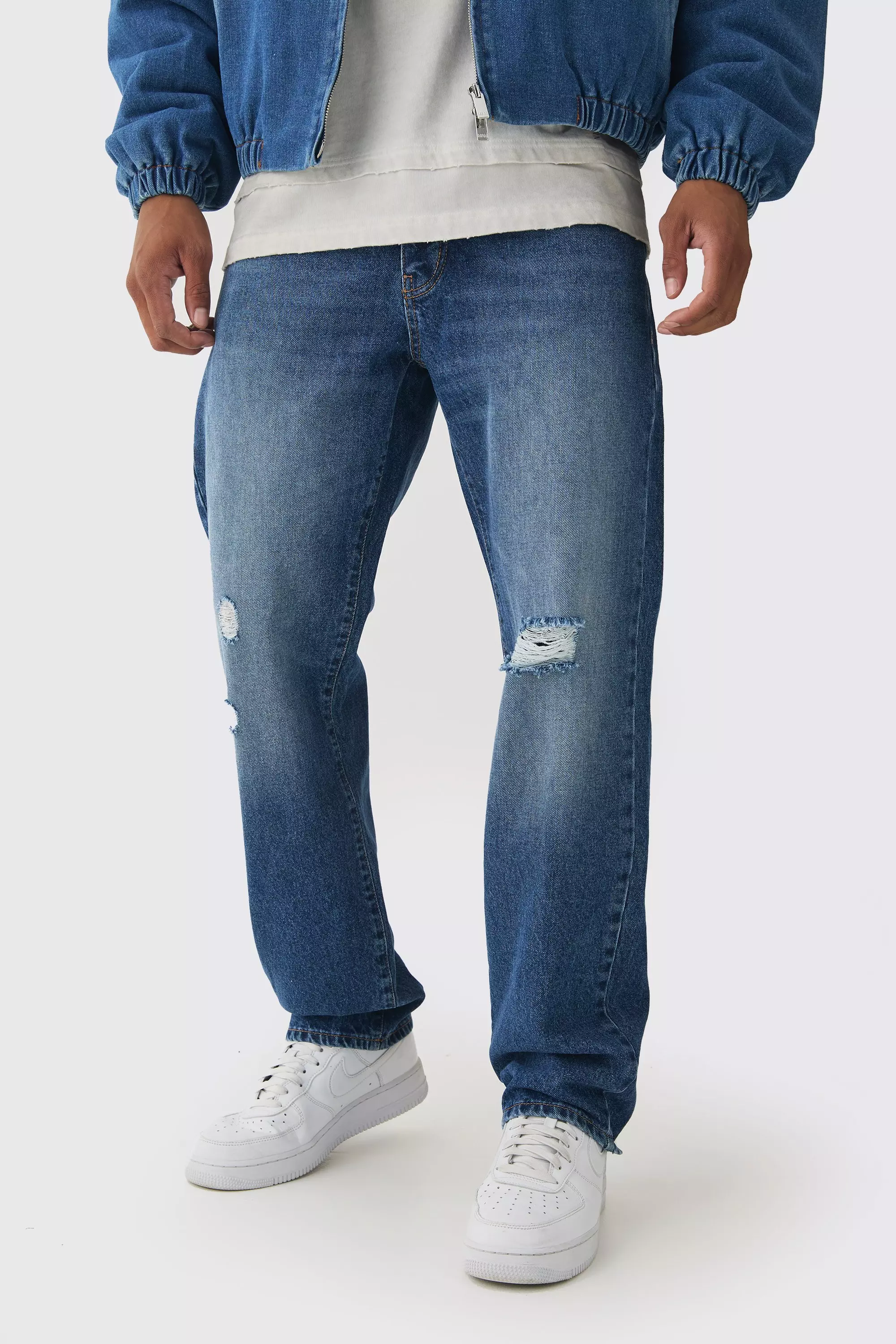 Blue Straight Leg Rigid Ripped Knee Tinted Jeans