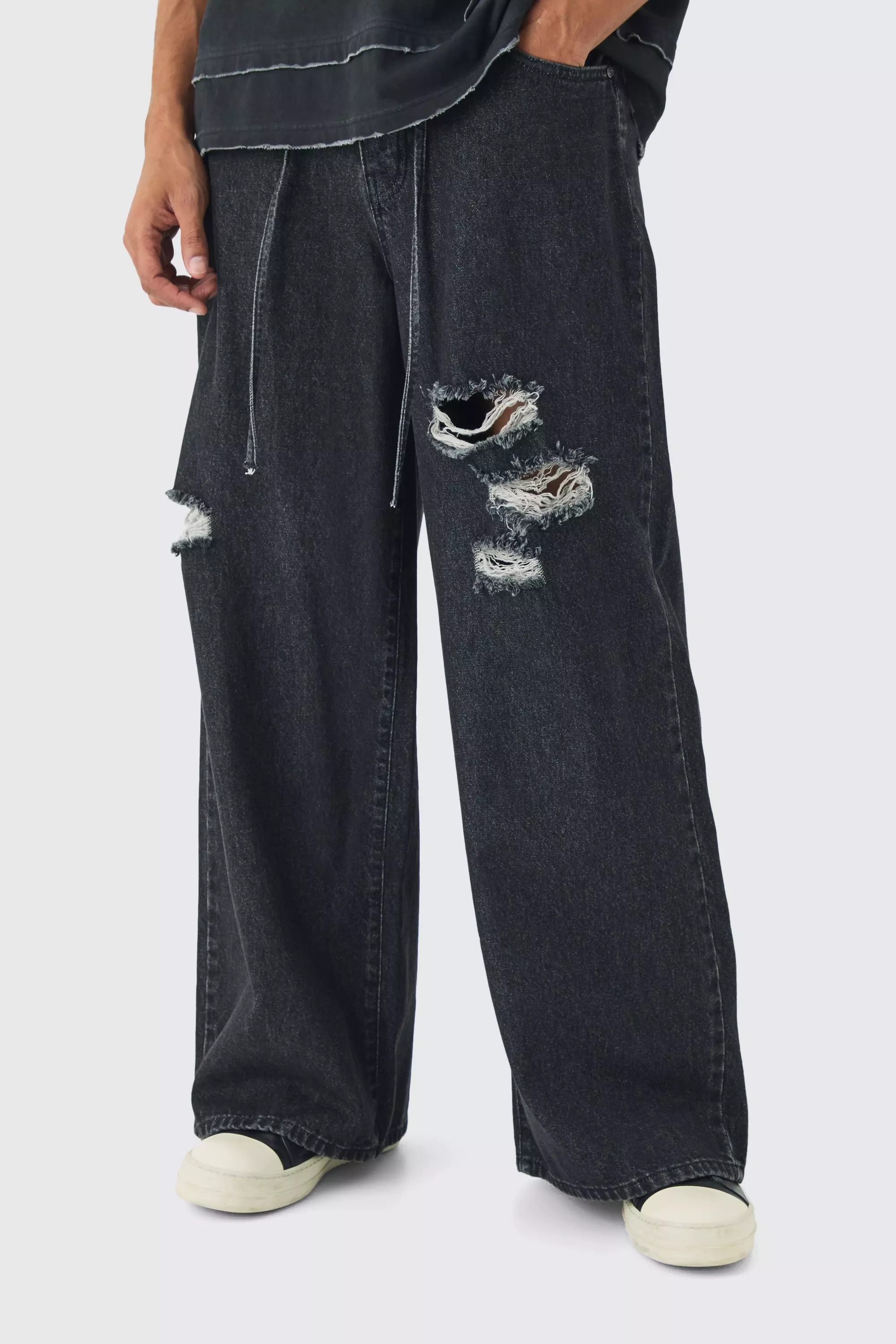 Extreme Baggy Rigid Ripped Jeans With Belt Detail Charcoal