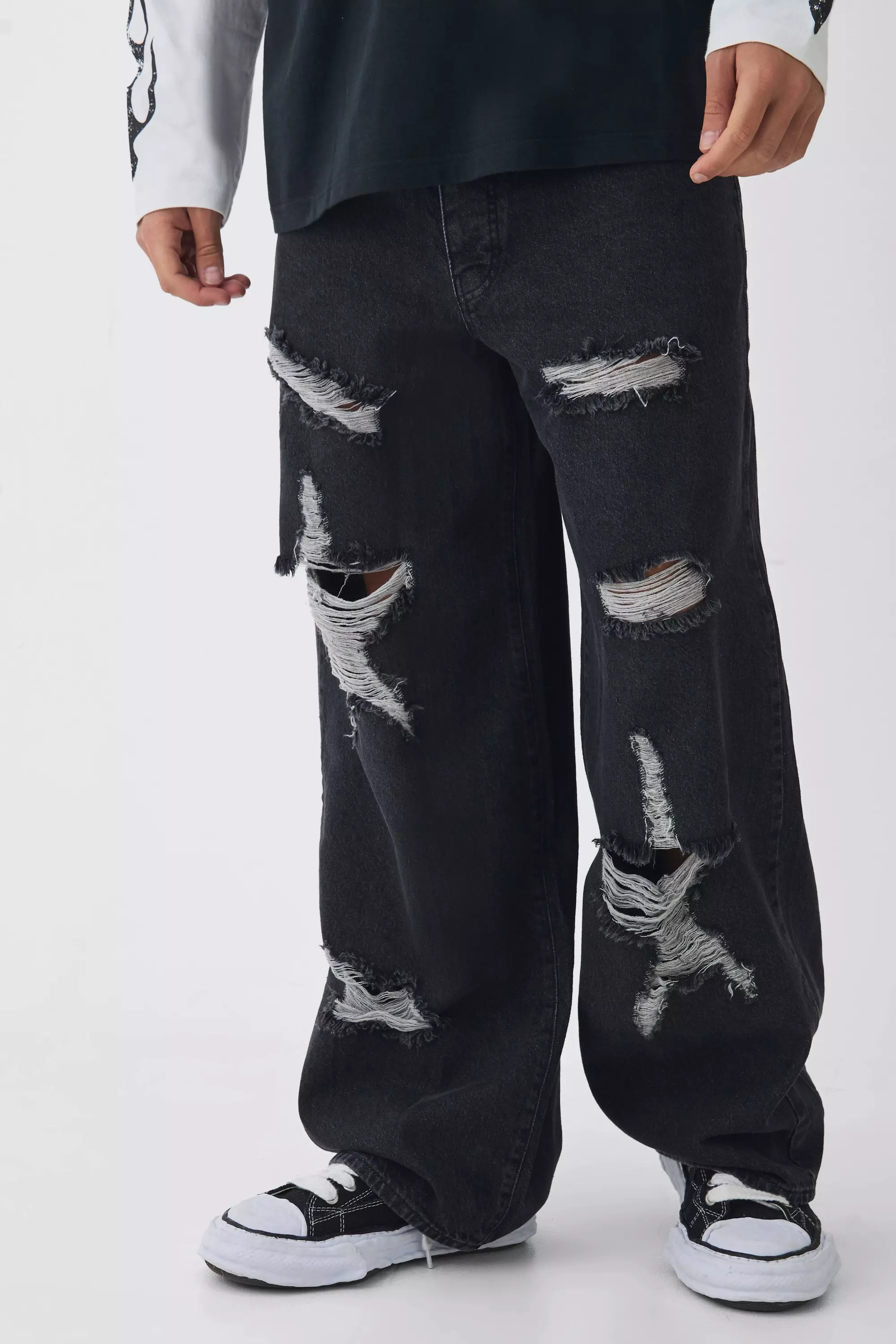 Baggy Fit Rigid Star Ripped Jeans Washed black