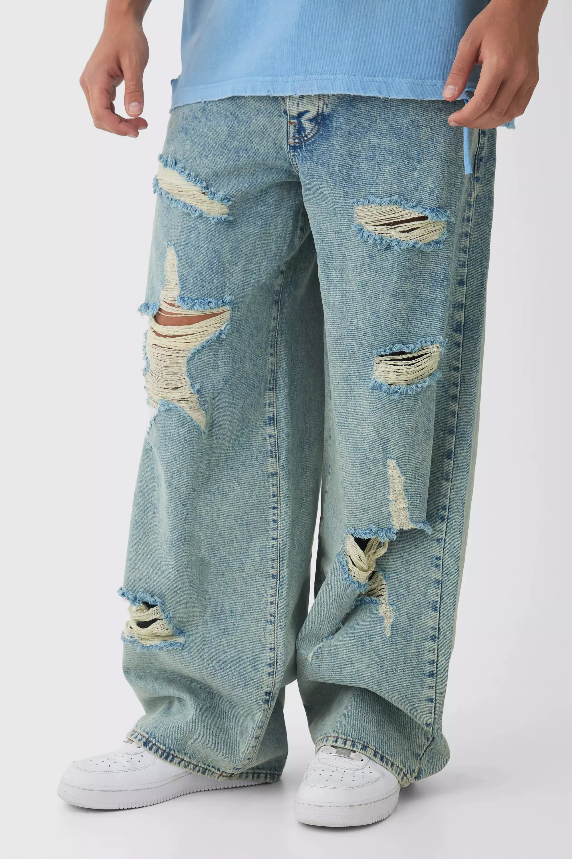 Baggy Fit Rigid Star Ripped Jeans Light blue