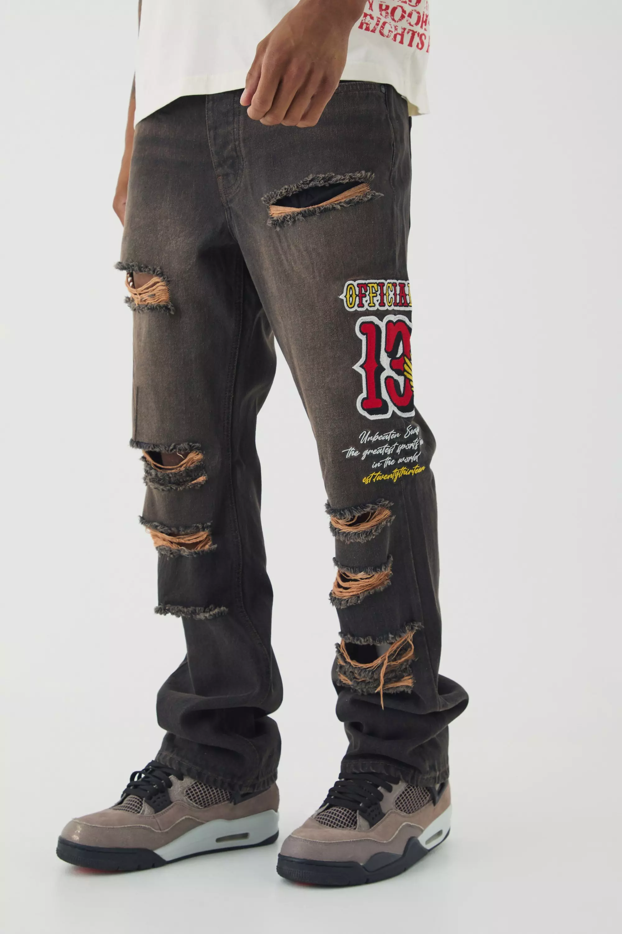 Brown Slim Rigid Flare Varsity Applique Brown Wash Jeans