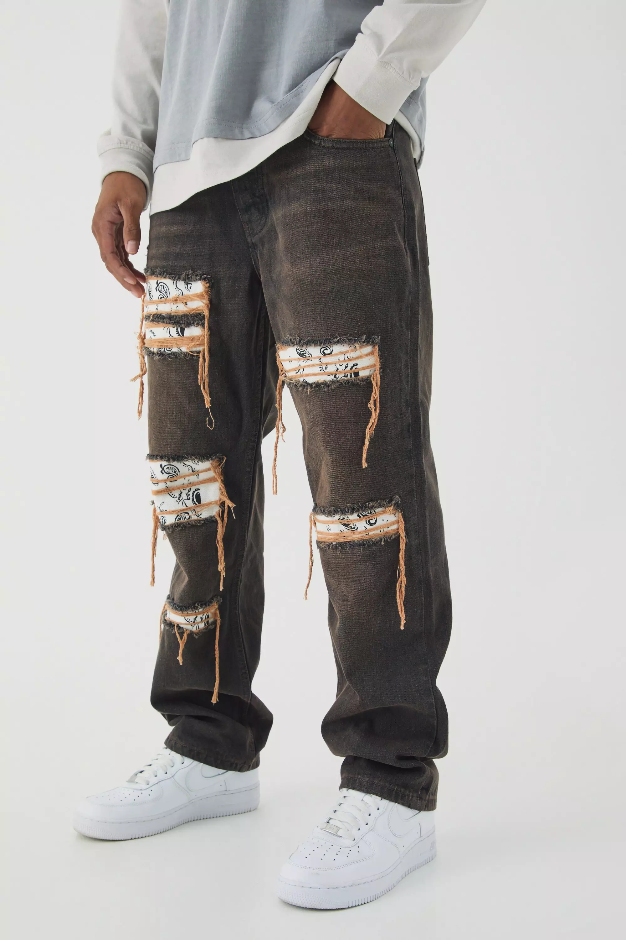 Relaxed Rigid Dirty Wash Ripped Jeans Brown