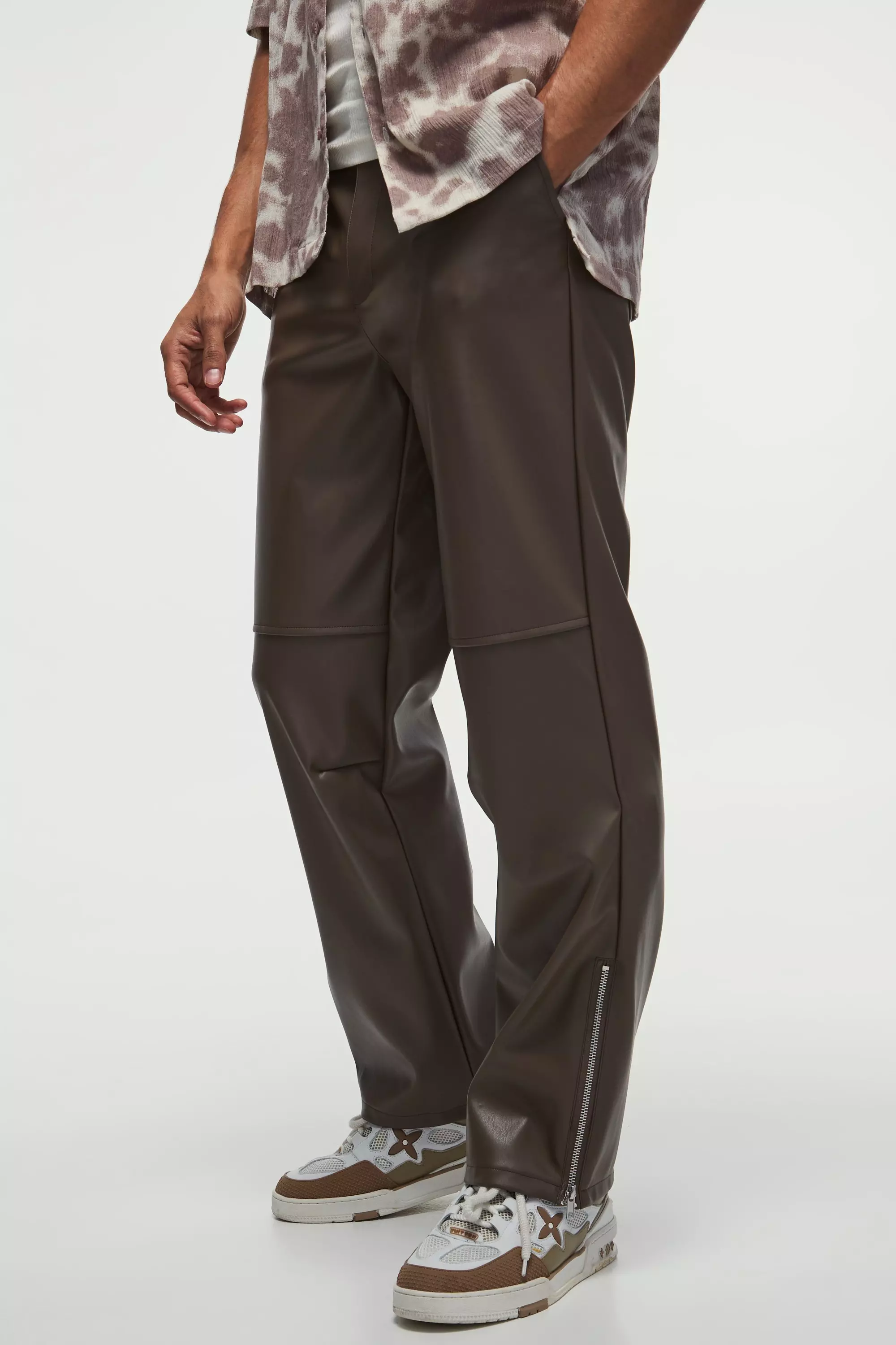 Relaxed Fit Pu Zip Hem Pants Brown