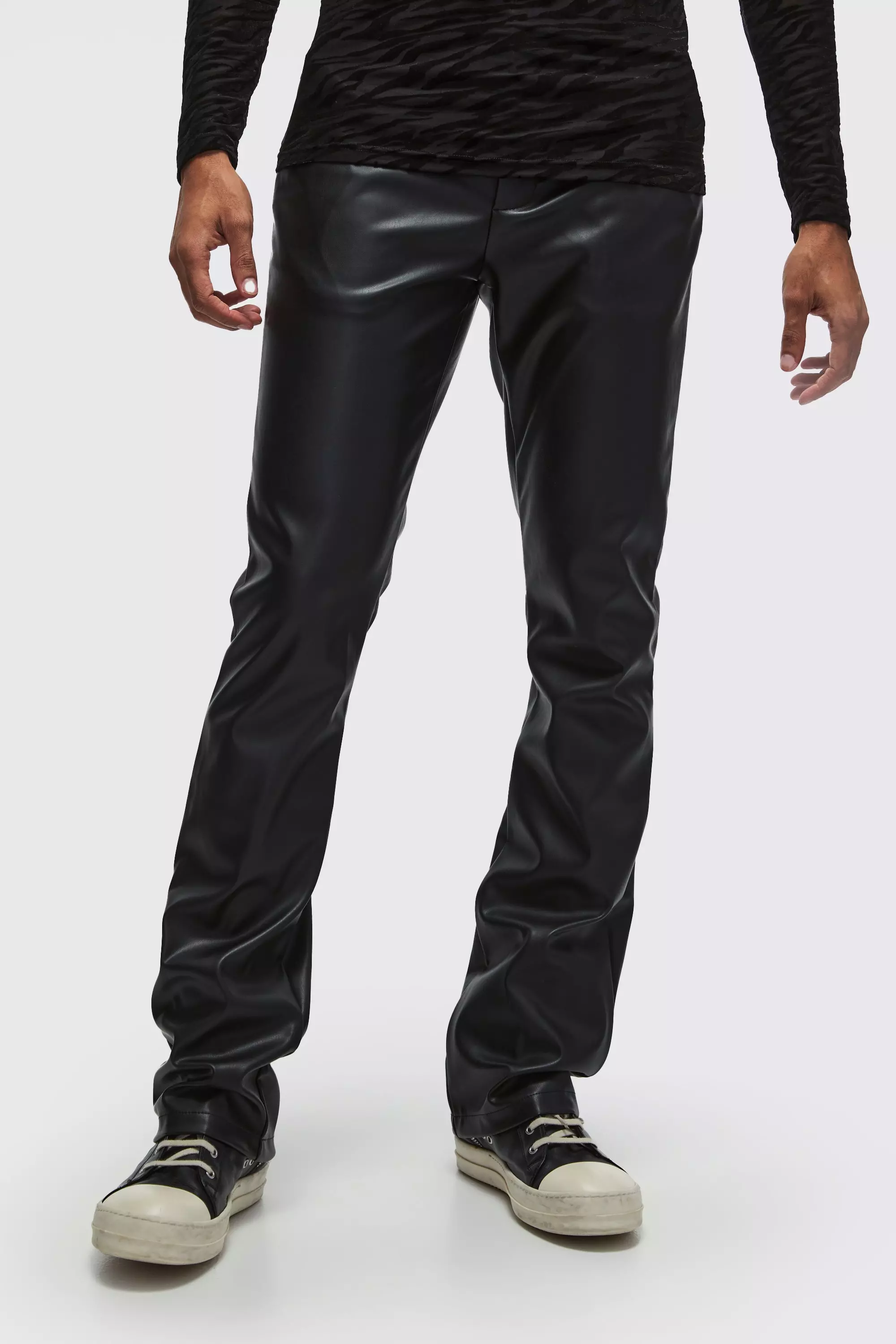 Black Slim Flared Pu Pants