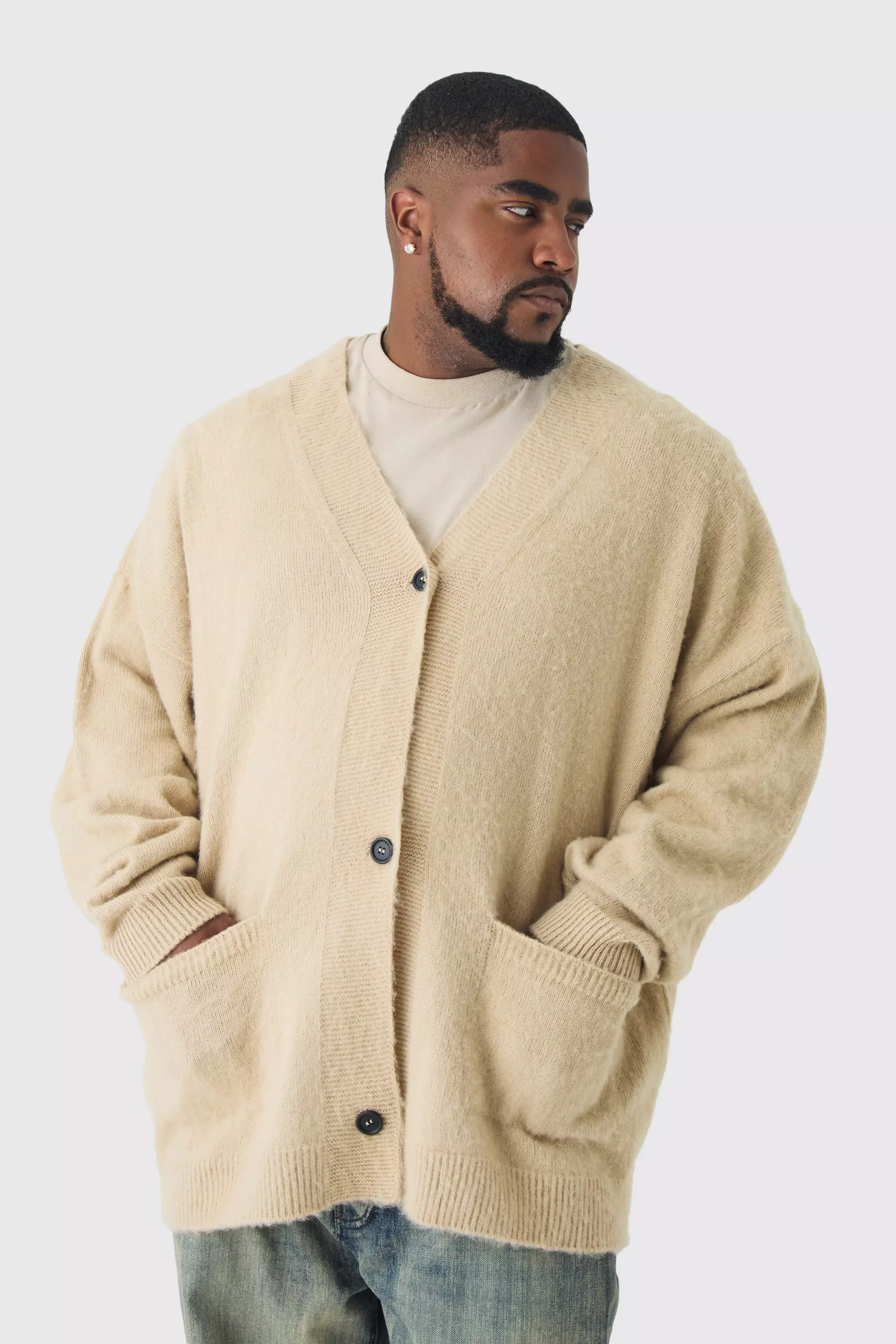 Plus Brushed Knit Oversized Drop Shoulder Cardigan Cream