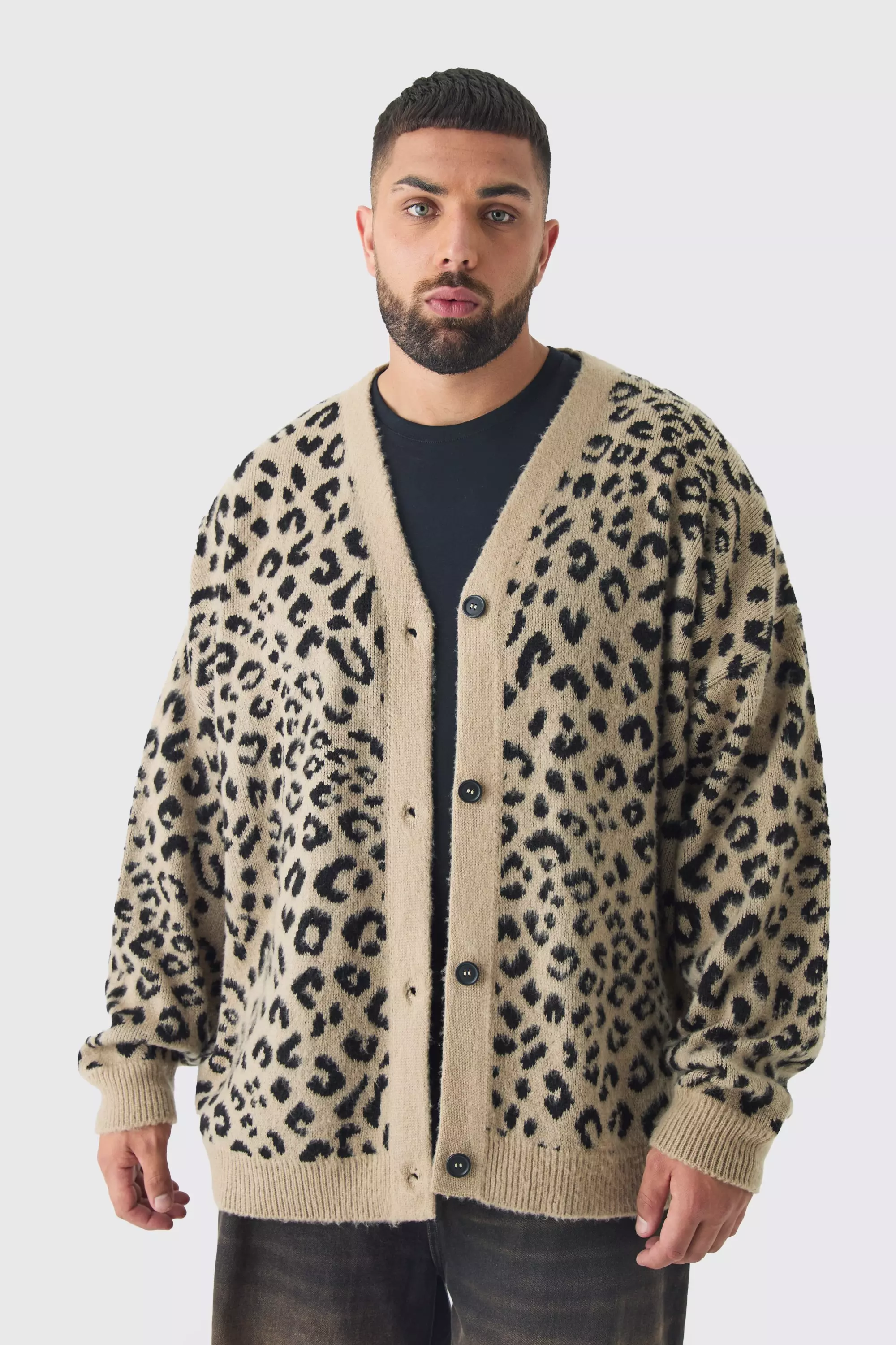 Plus Brushed Knit Leopard Print Oversized Cardigan boohooMAN UK