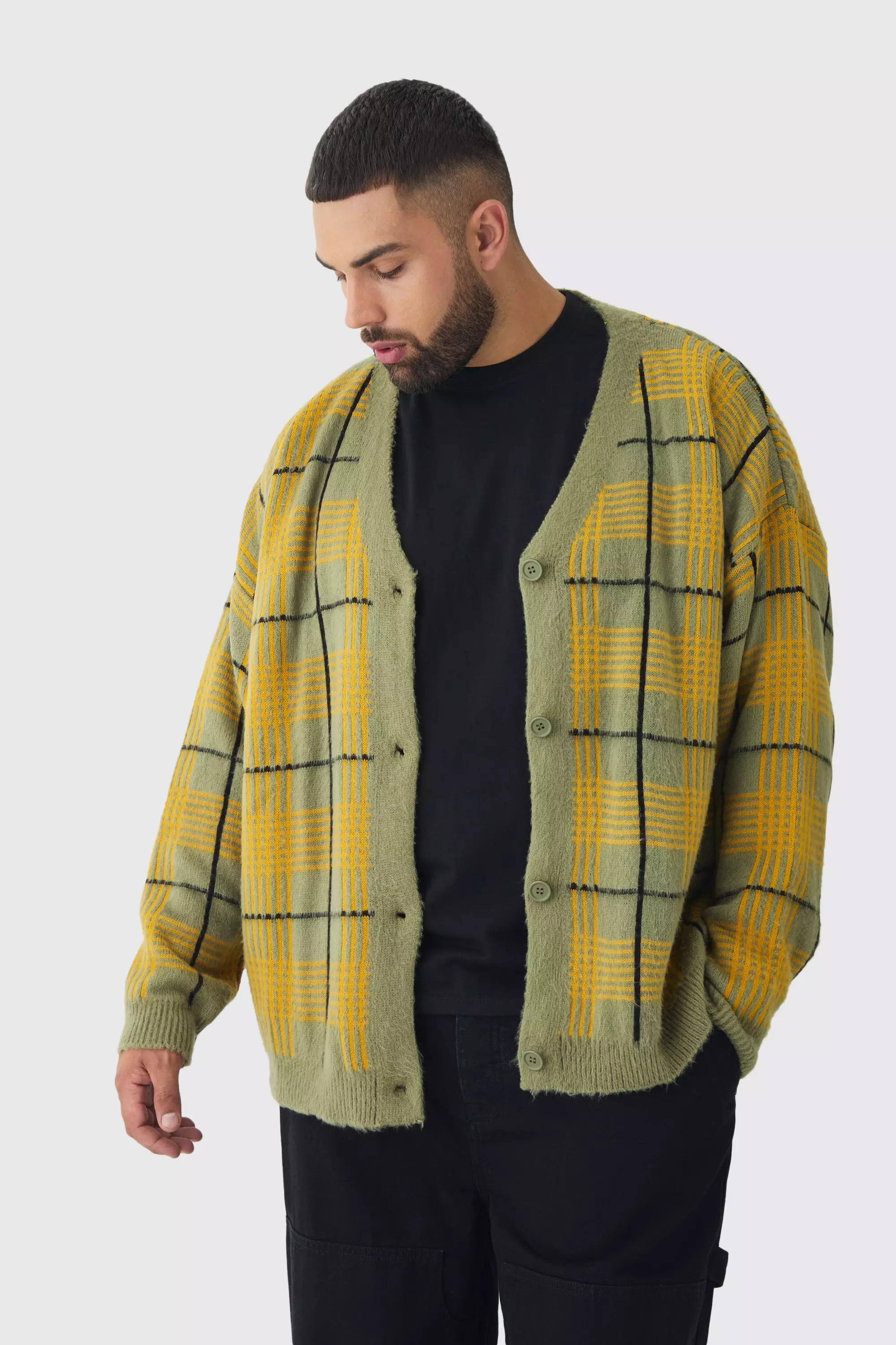 Plus Brushed Knit Plaid Drop Shoulder Cardigan Olive