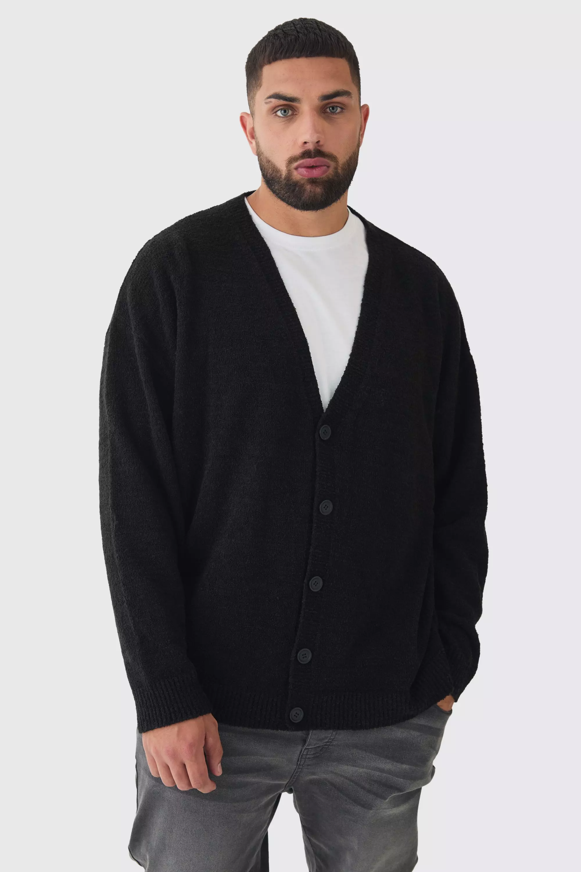 Plus Boucle Knit Drop Shoulder Cardigan boohooMAN UK