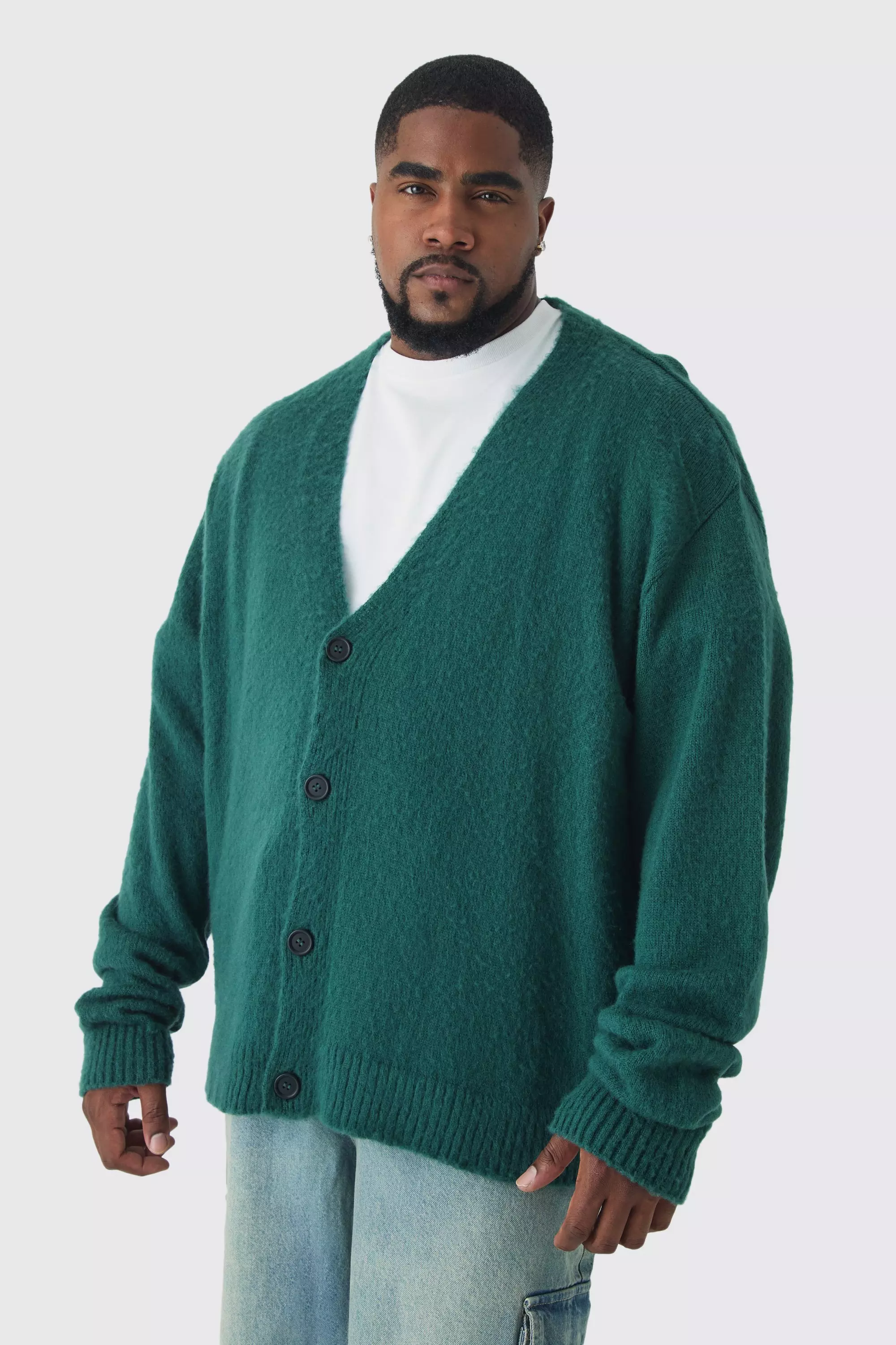 Plus Brushed Contrast Trim Boxy Cardigan Green