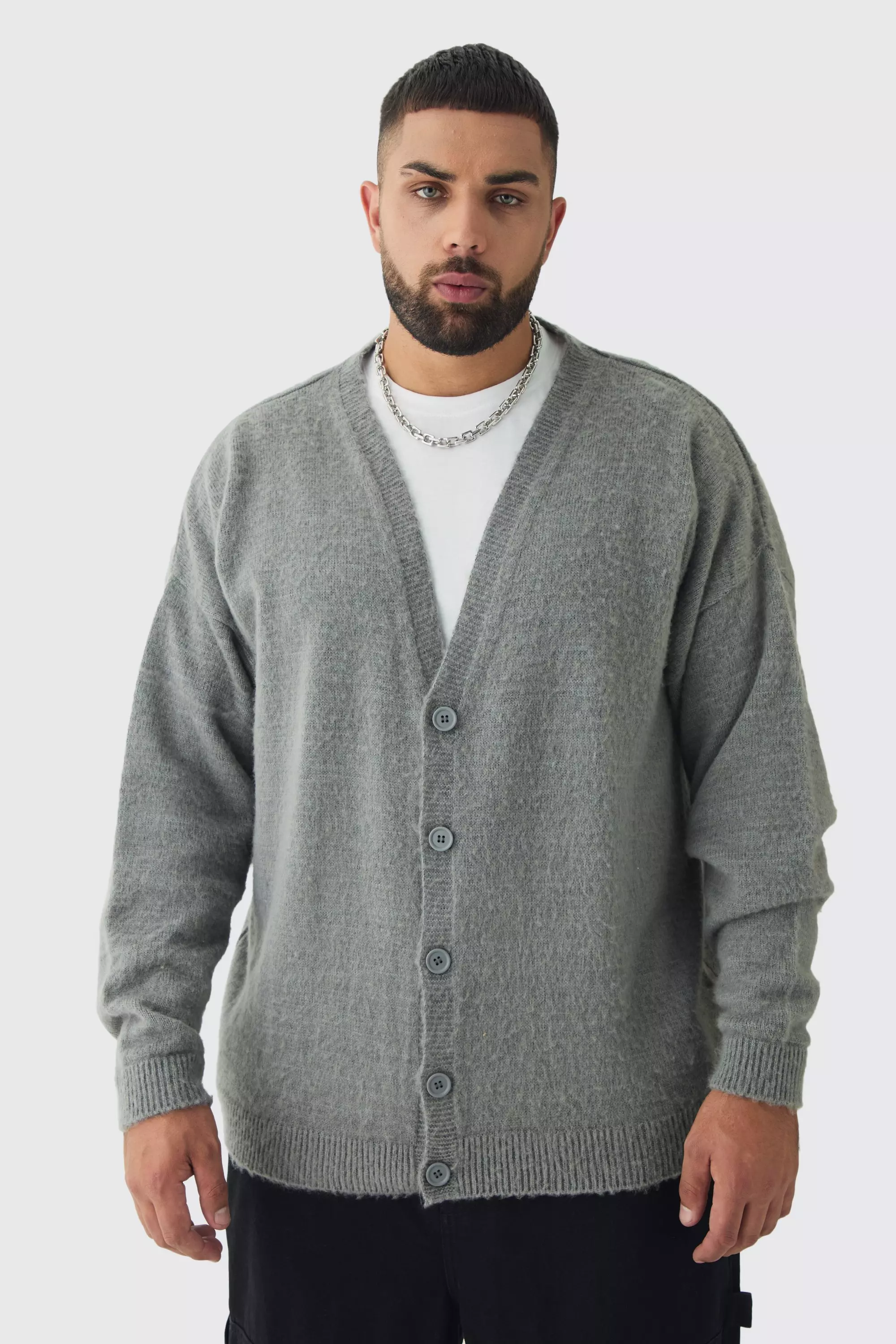 Plus Brushed Knit Oversized Drop Shoulder Cardigan Grey