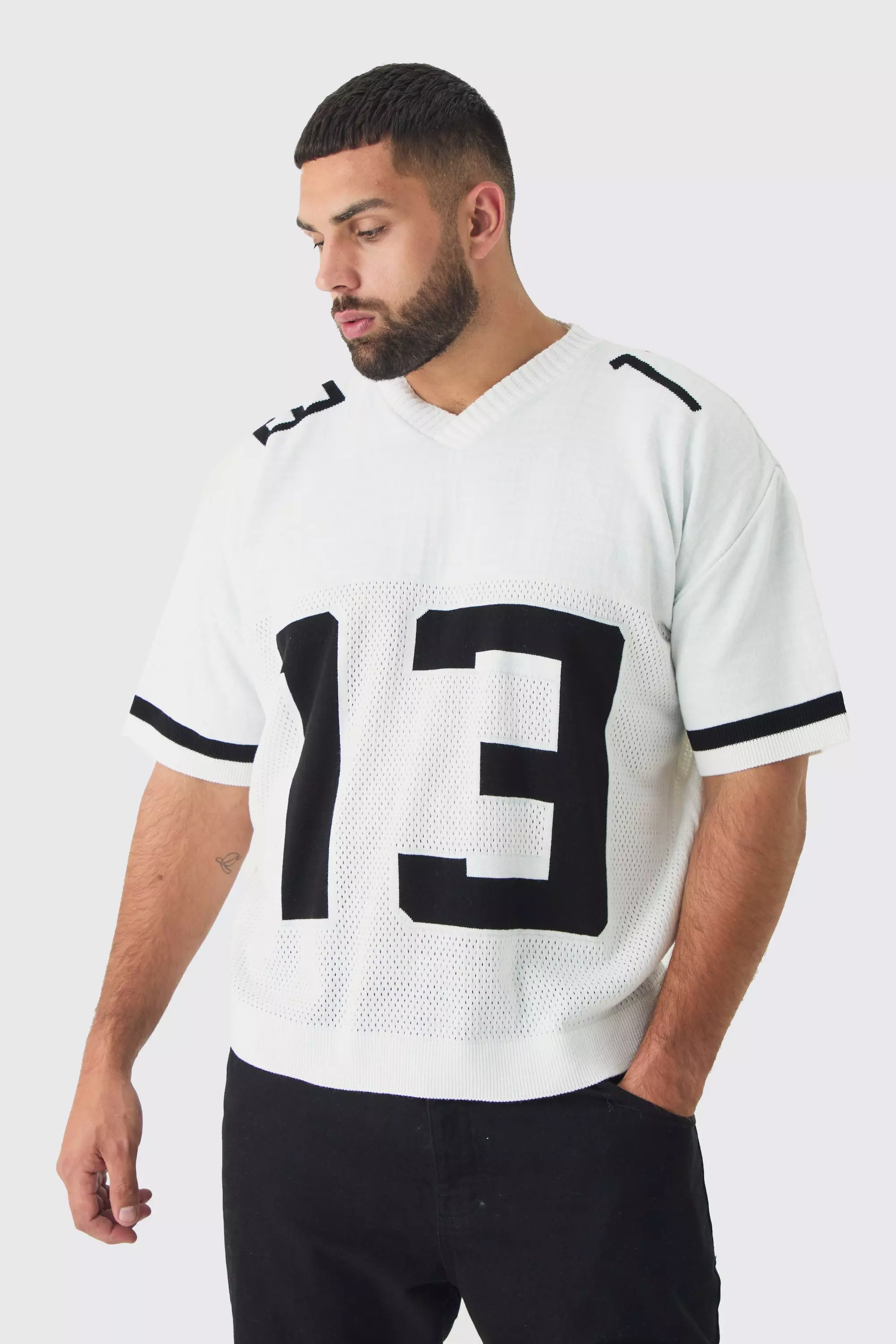 White Plus Open Stitch Varsity Short Sleeve Sweater