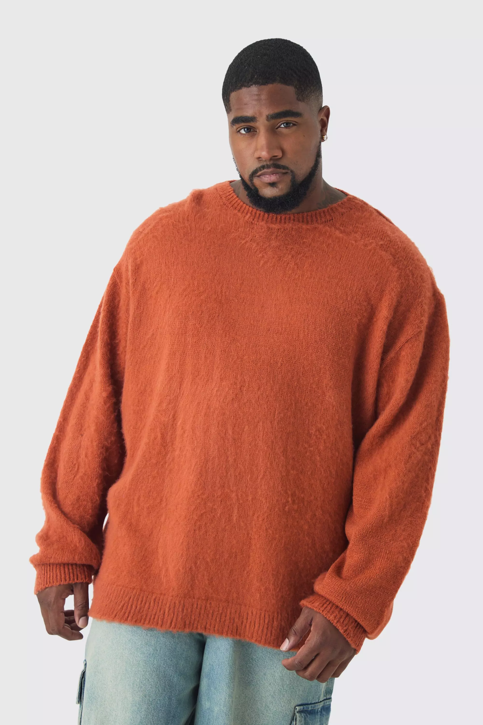 Plus Brushed Knit Crew Neck Oversized Jumper Orange