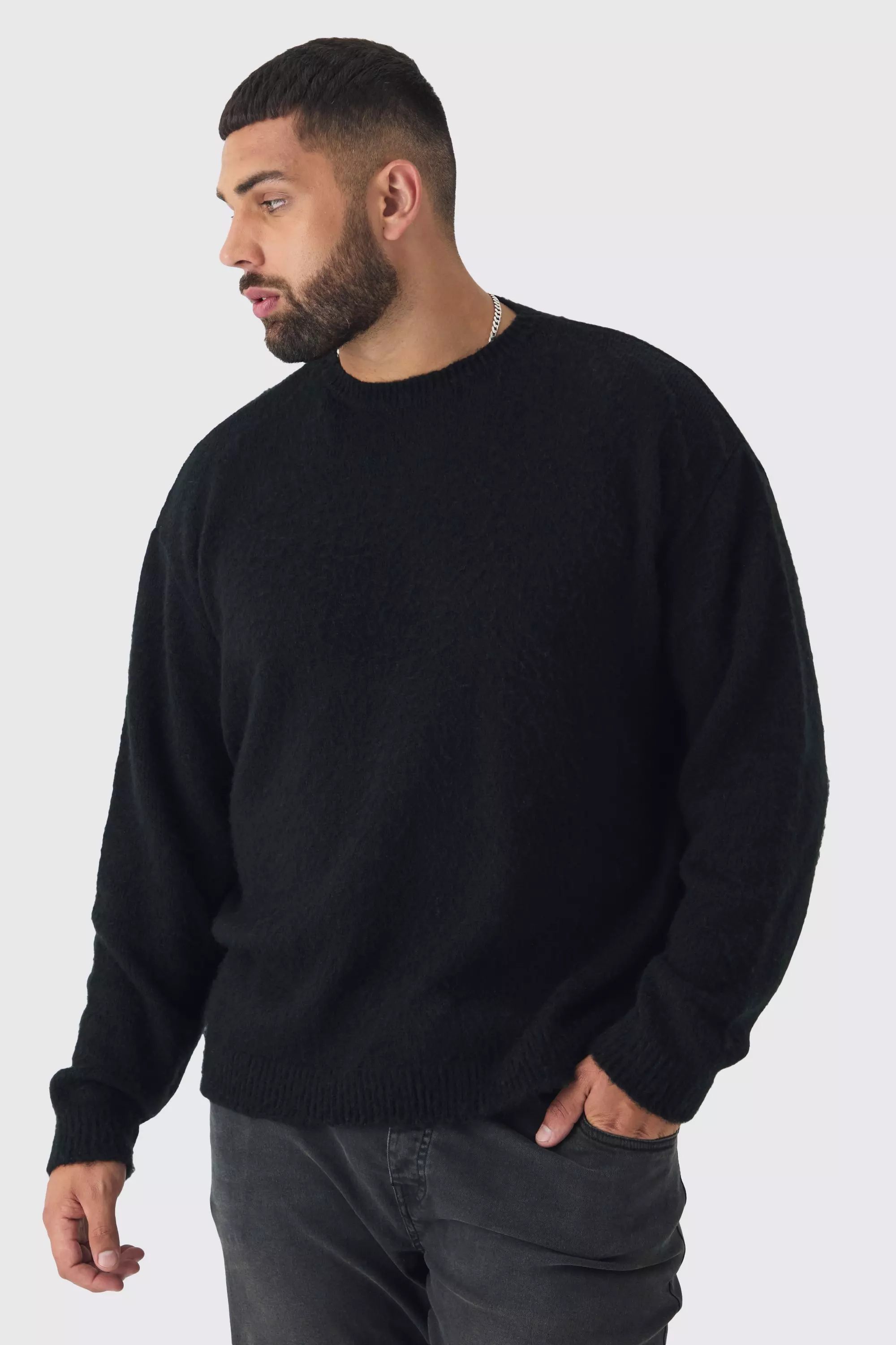 Plus Brushed Knit Crew Neck Oversized Jumper Black