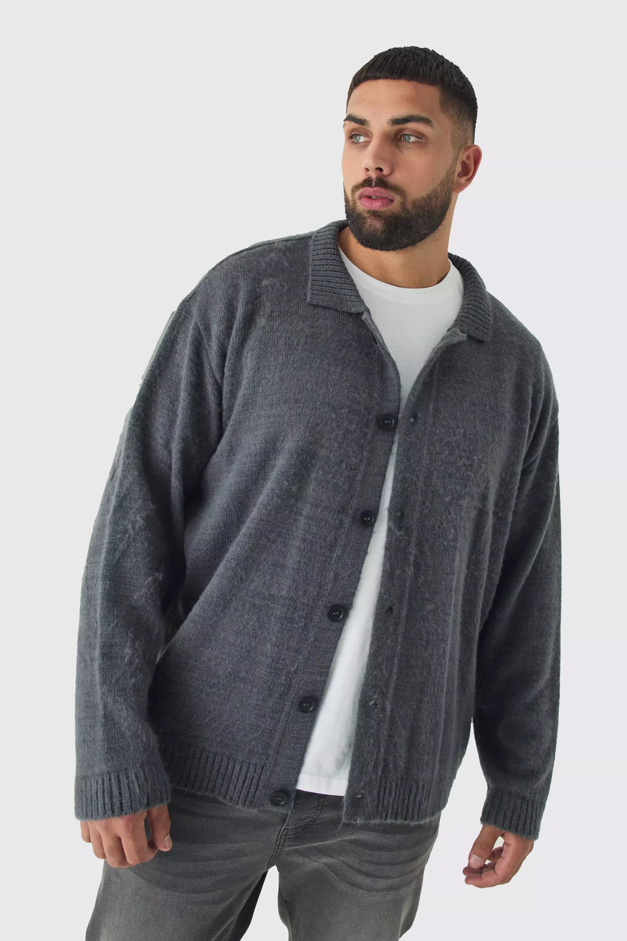 Plus Brushed Knit Overshirt Charcoal