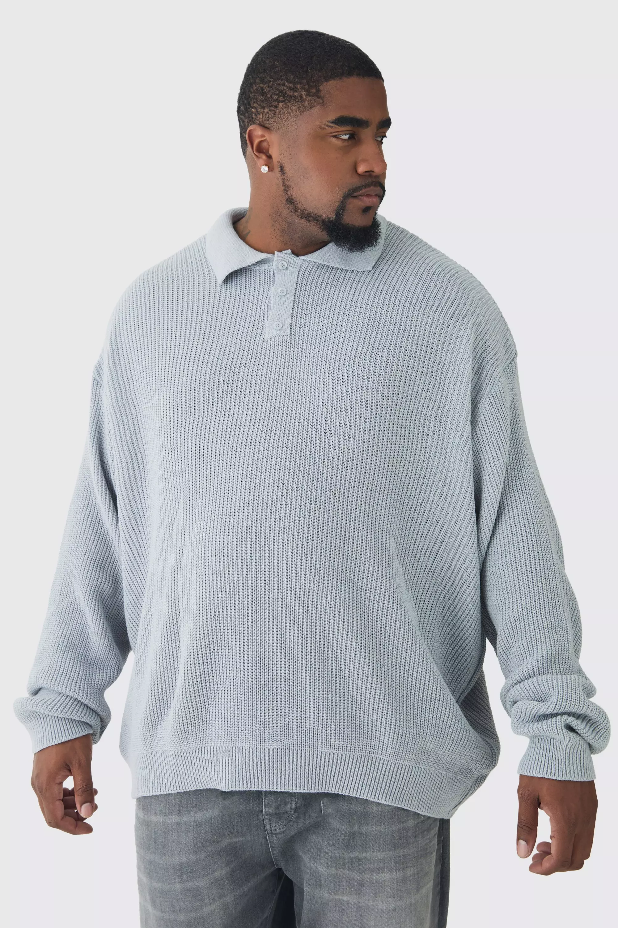 Plus Knitted Rugby Polo Grey