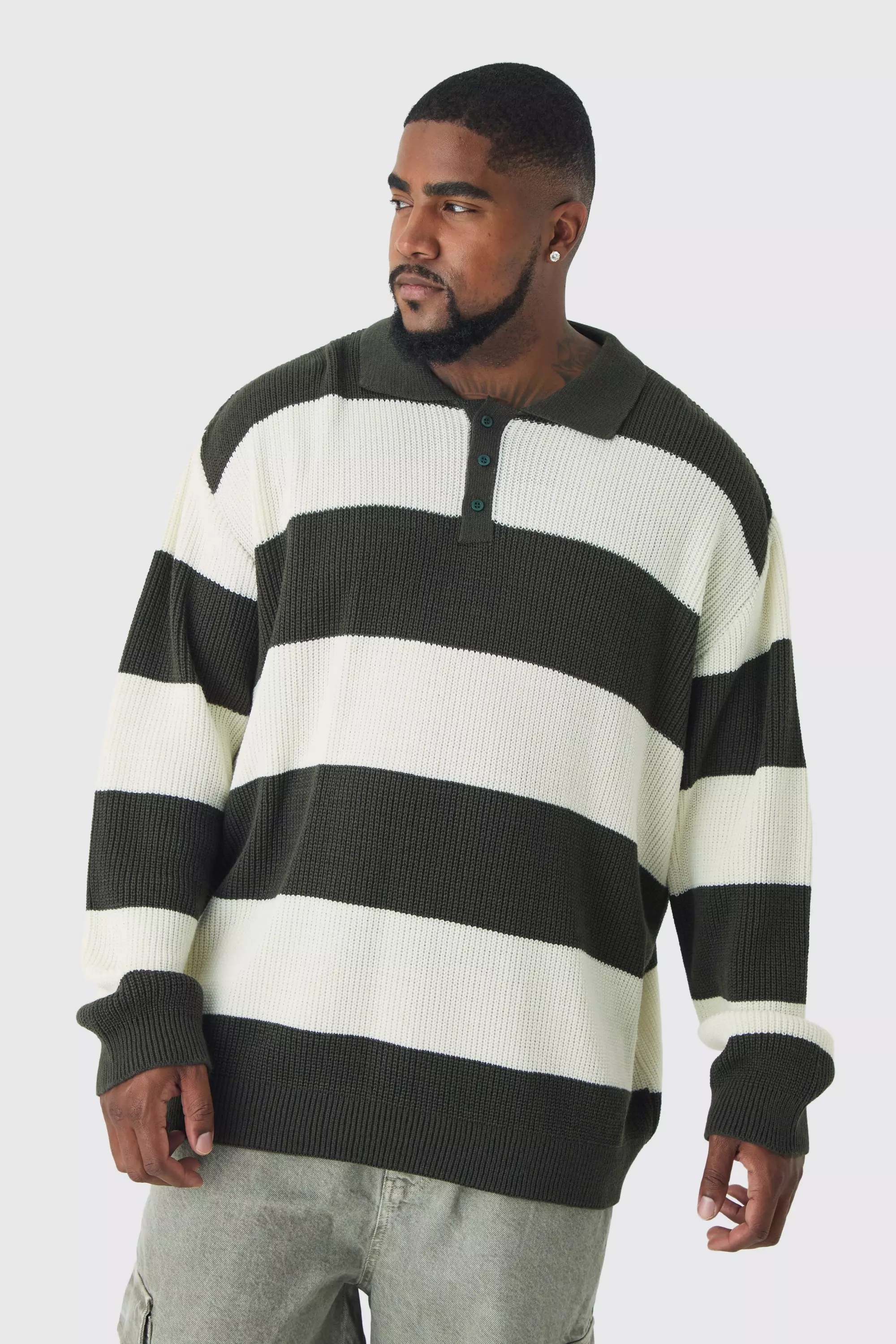 Plus Knitted Stripe Rugby Polo Forest