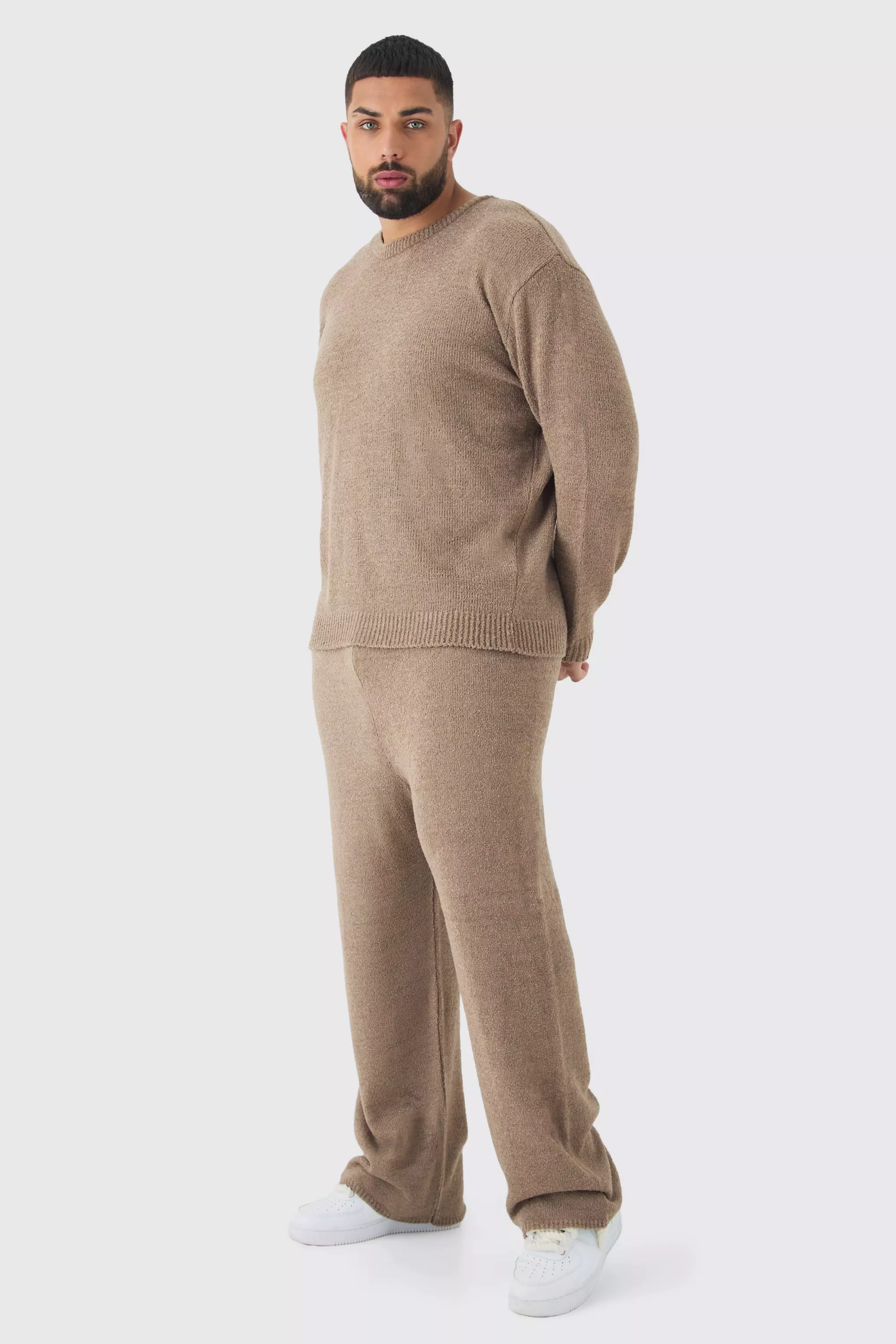 Taupe Beige Plus Boucle Knit Oversized Sweat & Pants Set