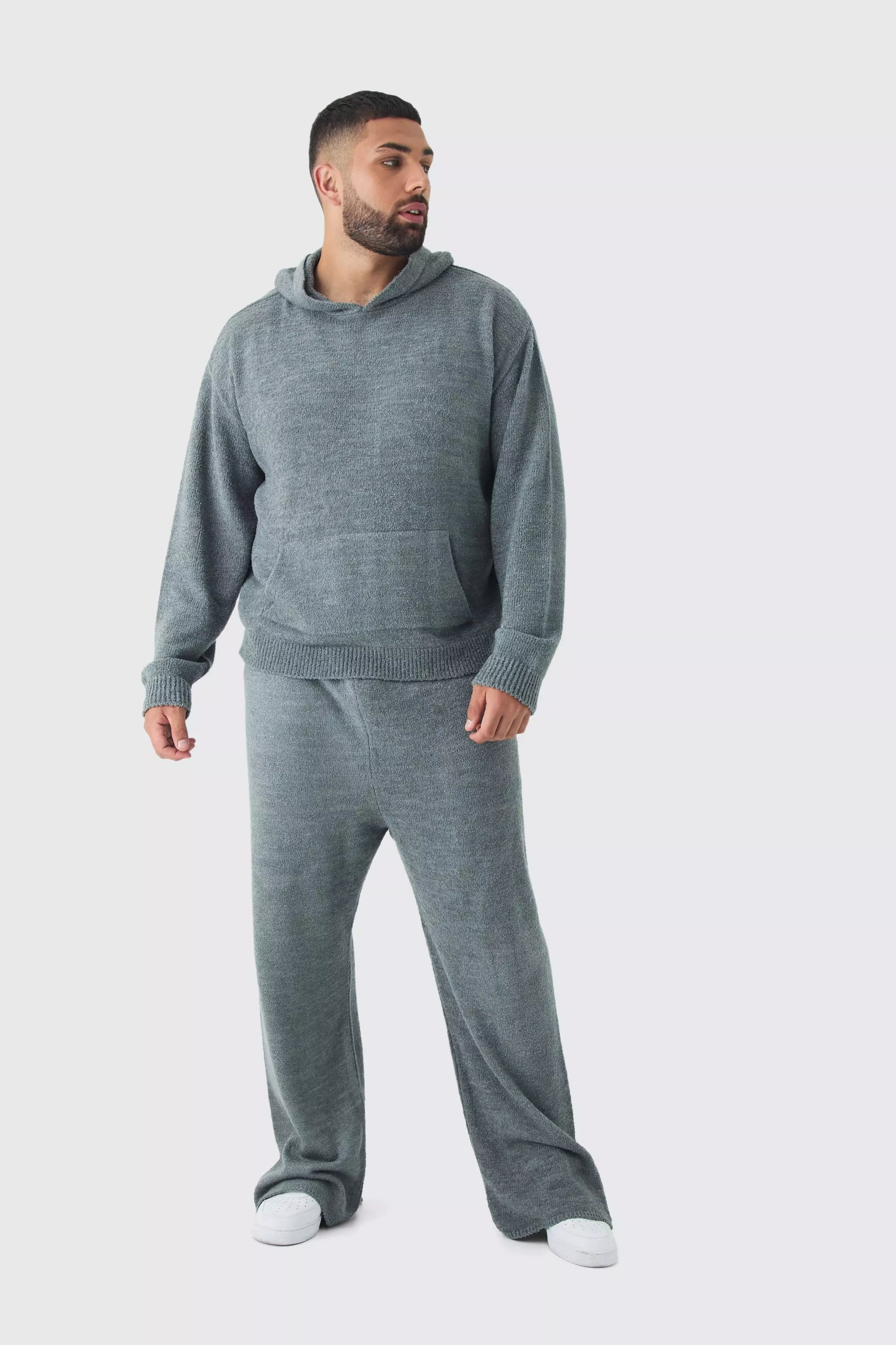 Plus Boucle Knit Hoodie & Pants Set Charcoal