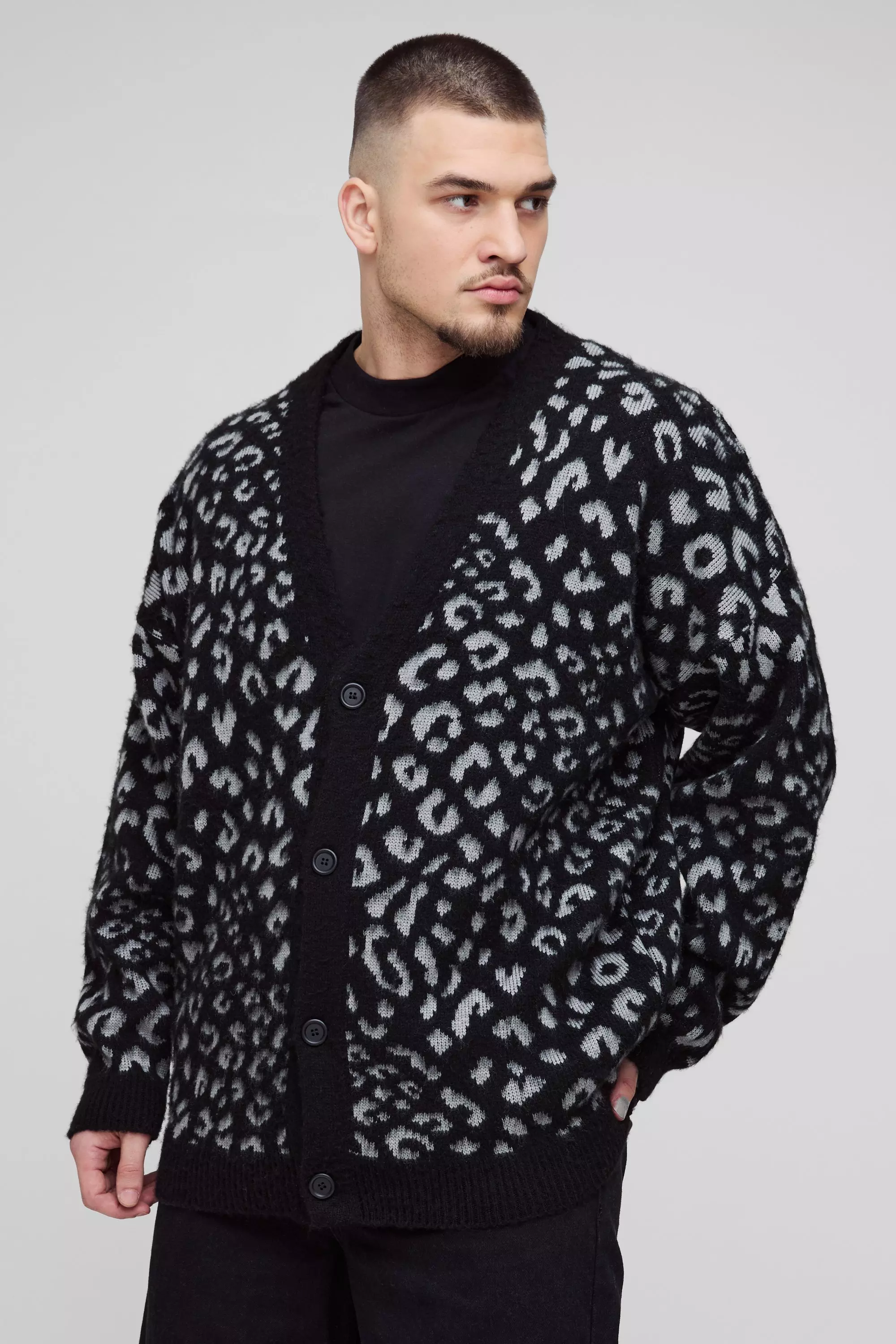 Tall Brushed Knit Leopard Print Oversized Cardigan Black