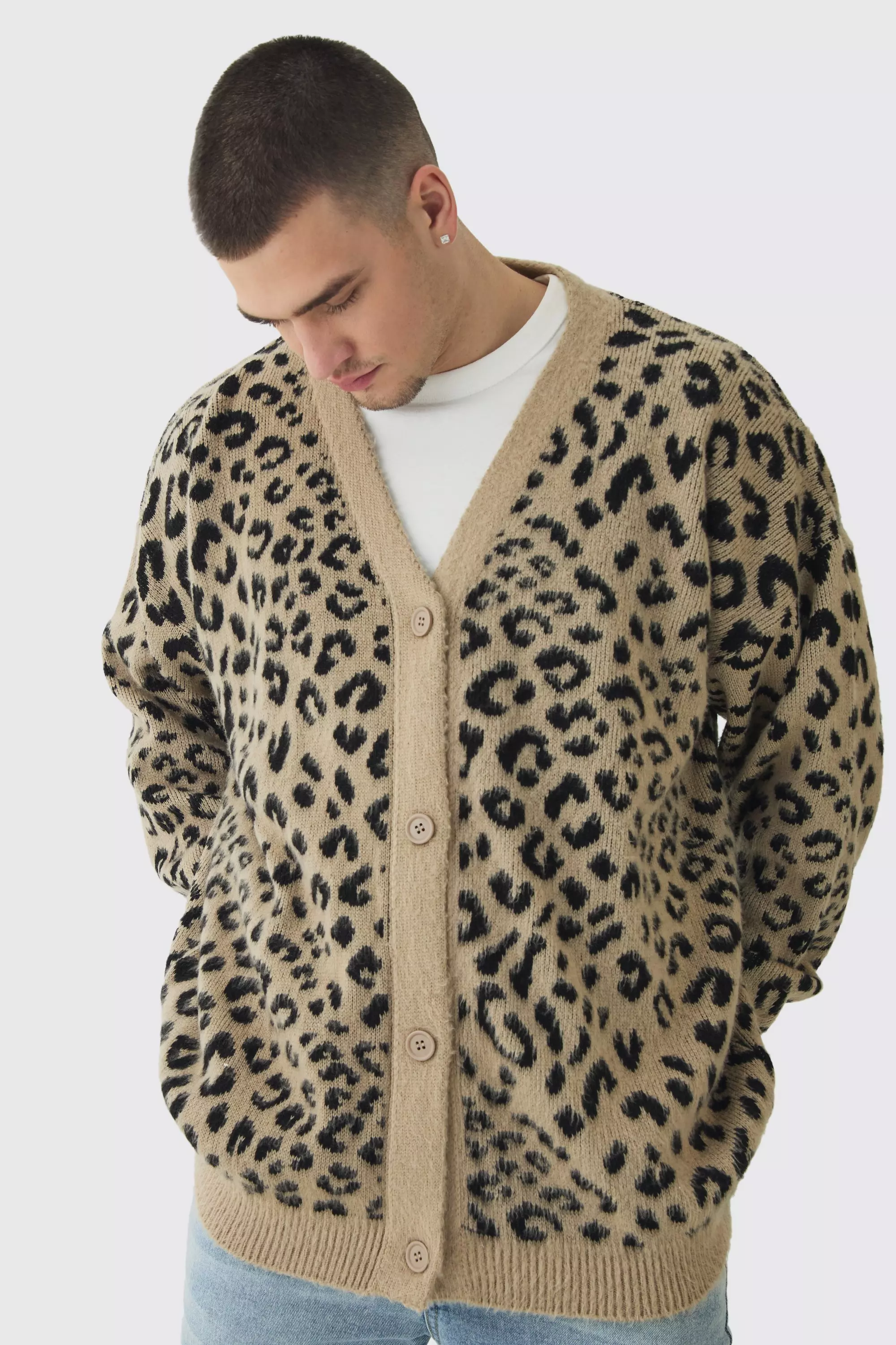 Tall Brushed Knit Leopard Print Oversized Cardigan Taupe