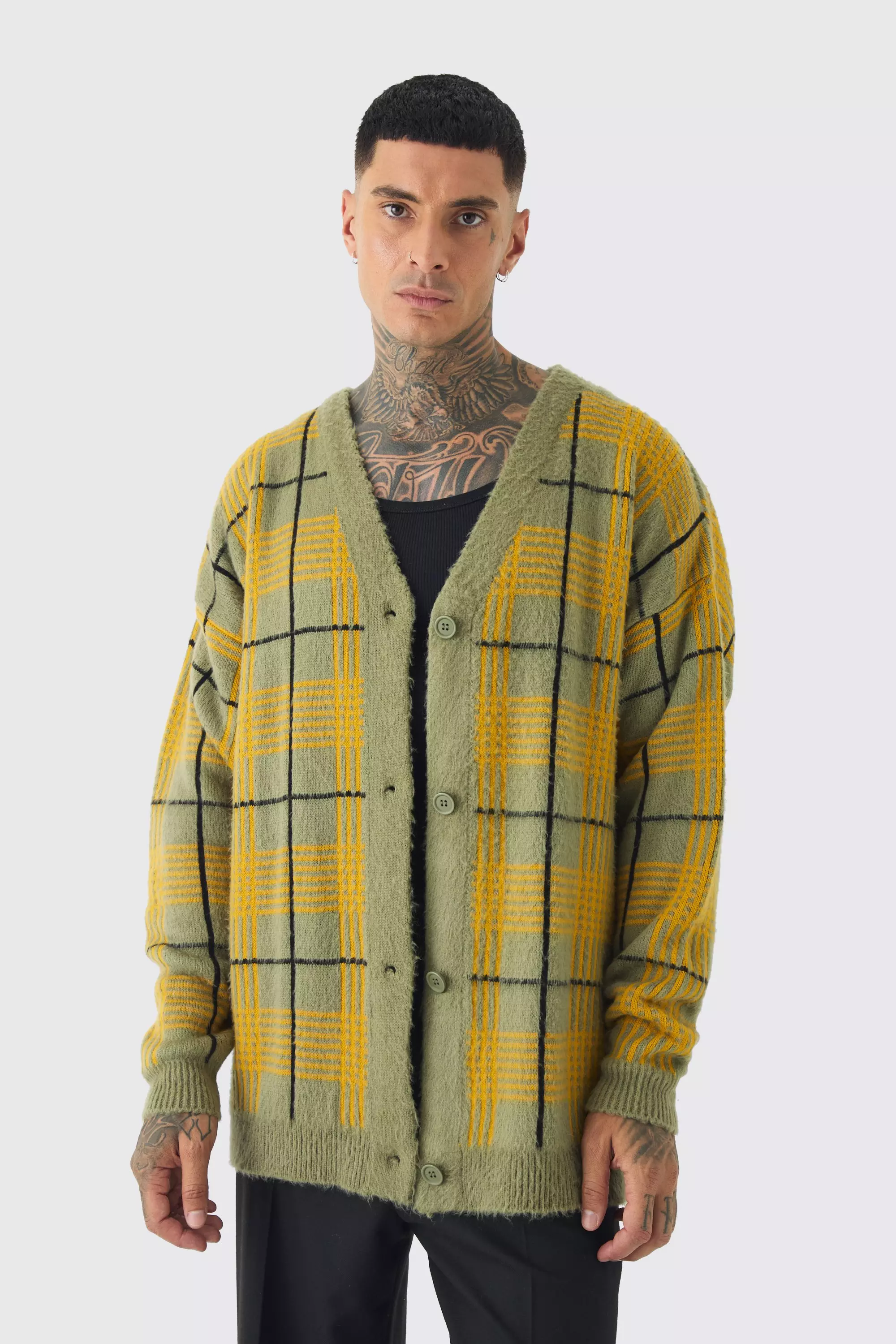 Tall Brushed Knit Check Drop Shoulder Cardigan Olive