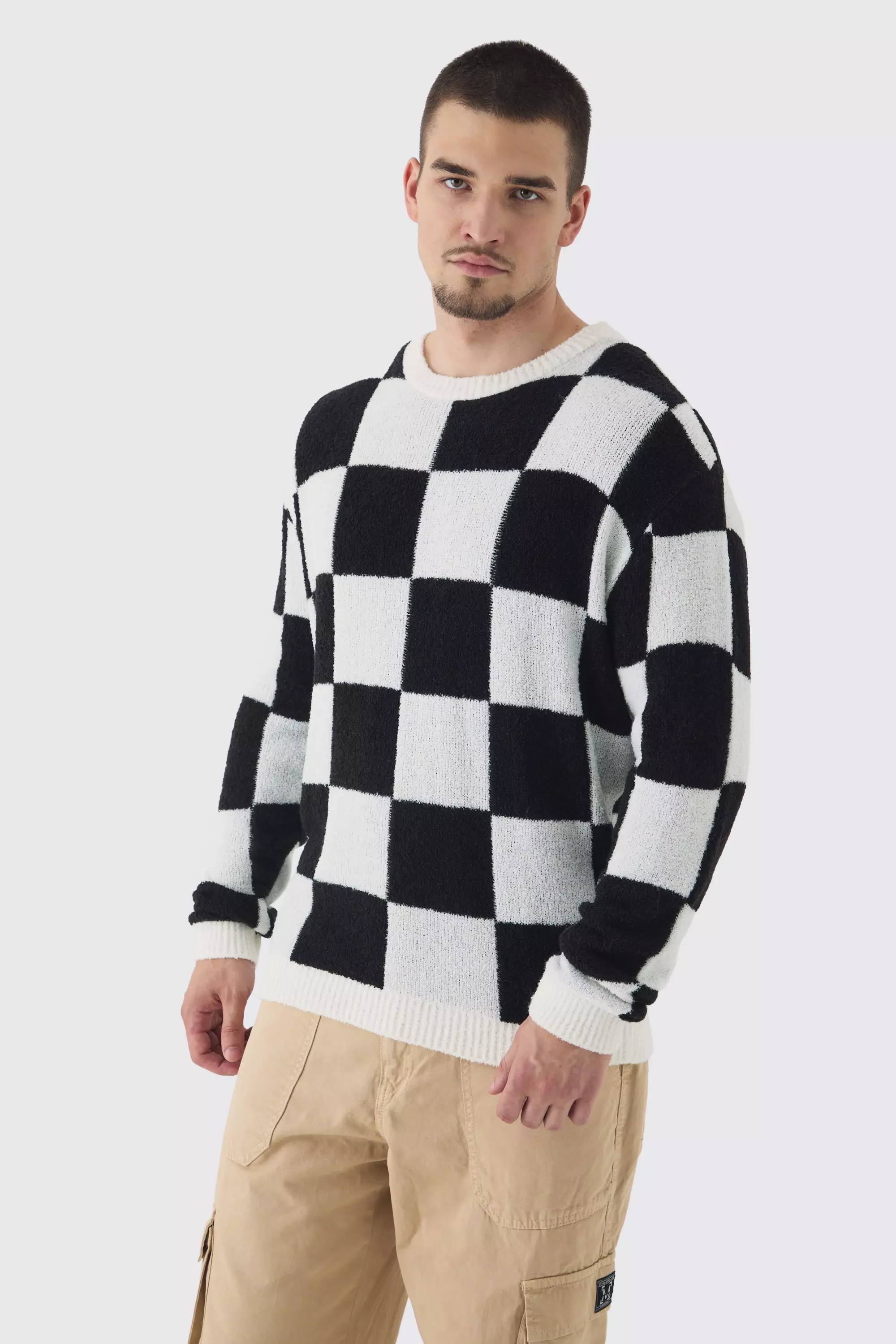 Tall Boucle Knit Checkered Crew Neck Jumper boohooMAN