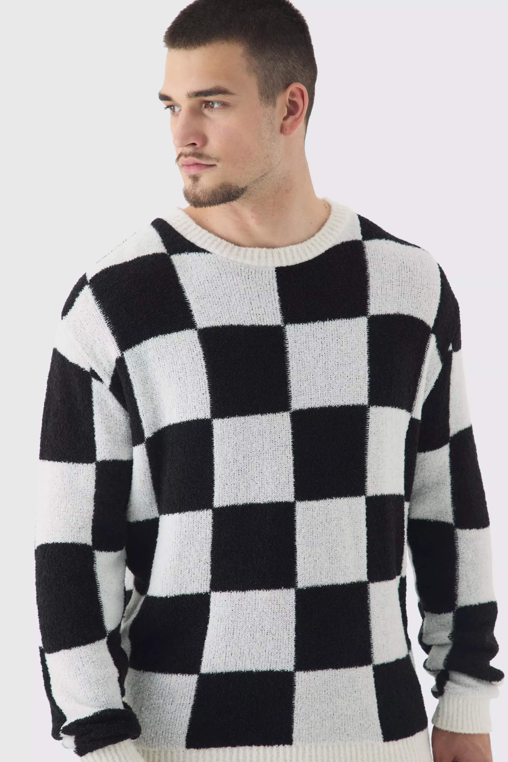 Tall Boucle Knit Checkered Crew Neck Sweater boohooMAN USA