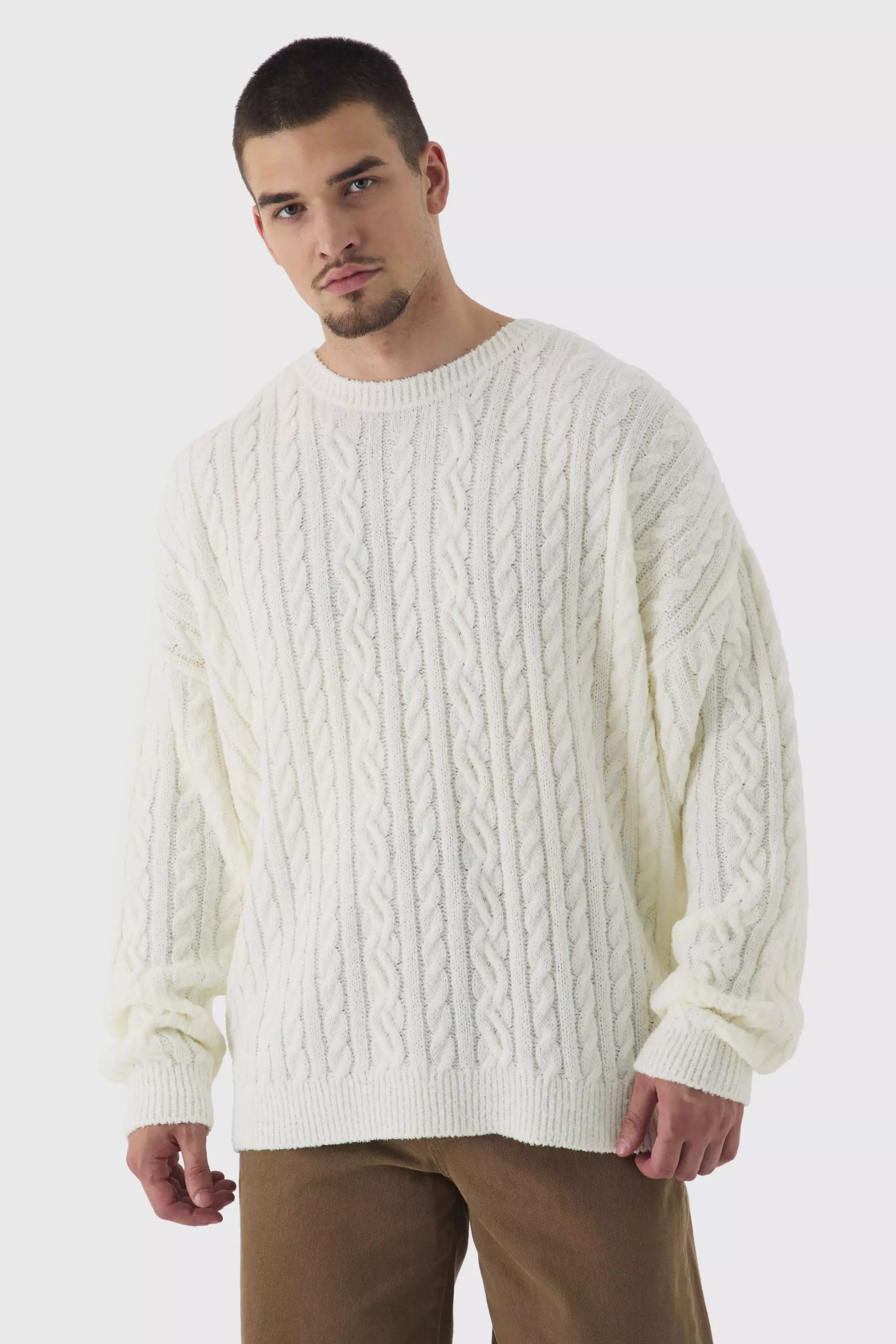 Tall Boucle Cable Knit Boxy Jumper Cream