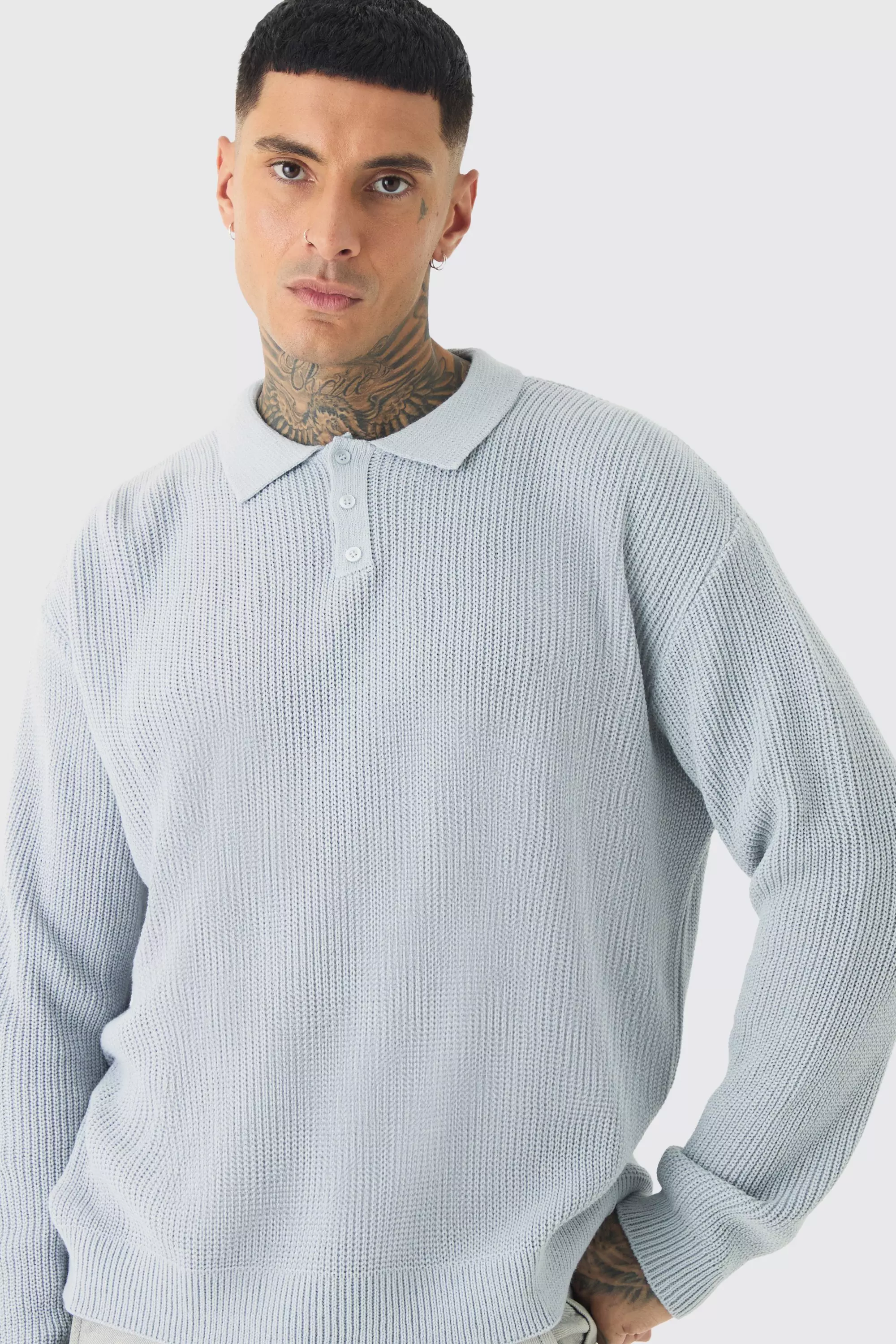 Tall Knitted Rugby Polo Grey