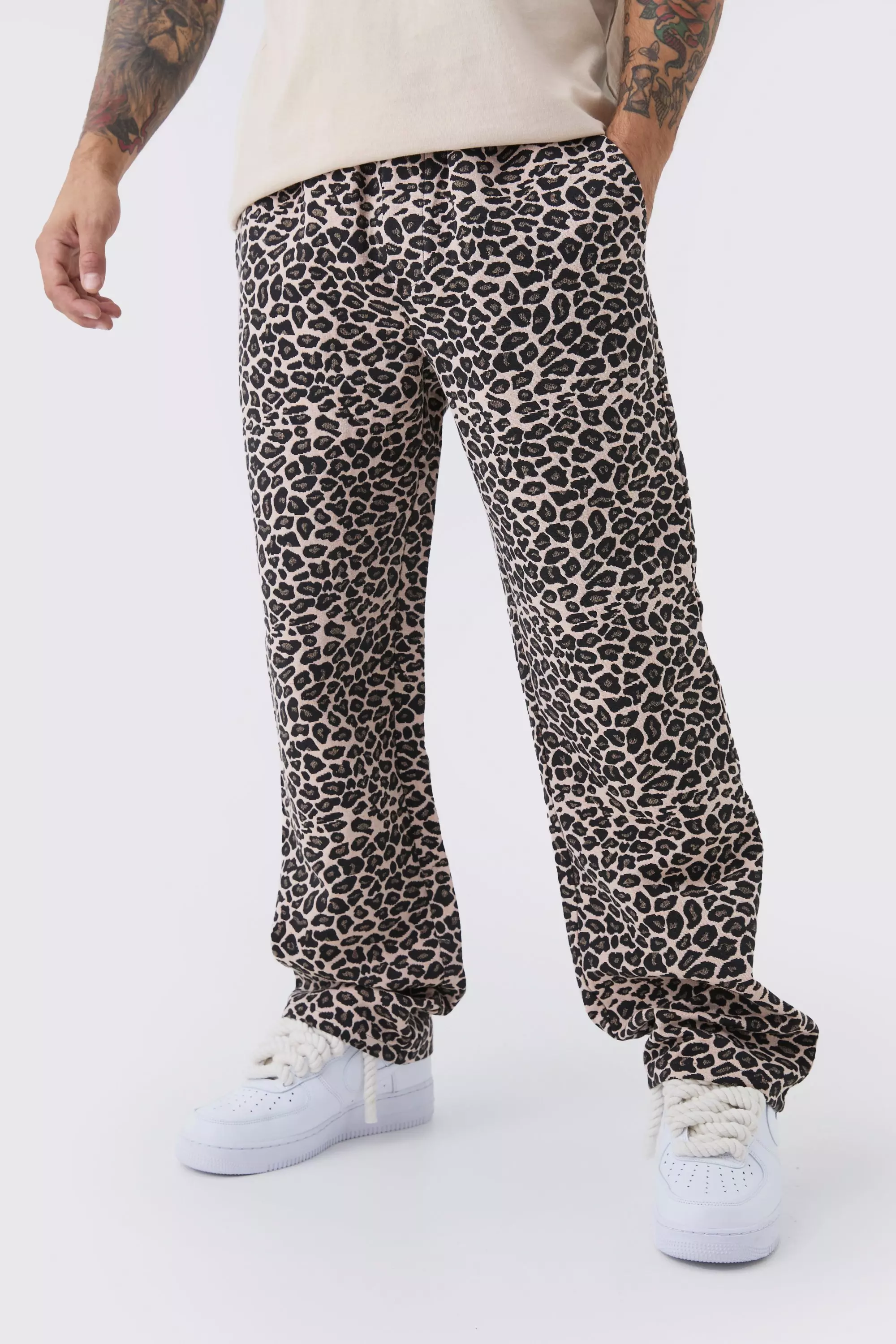 Elasticated Waist Relaxed Heavyweight Tapestry Leopard Trouser Brown