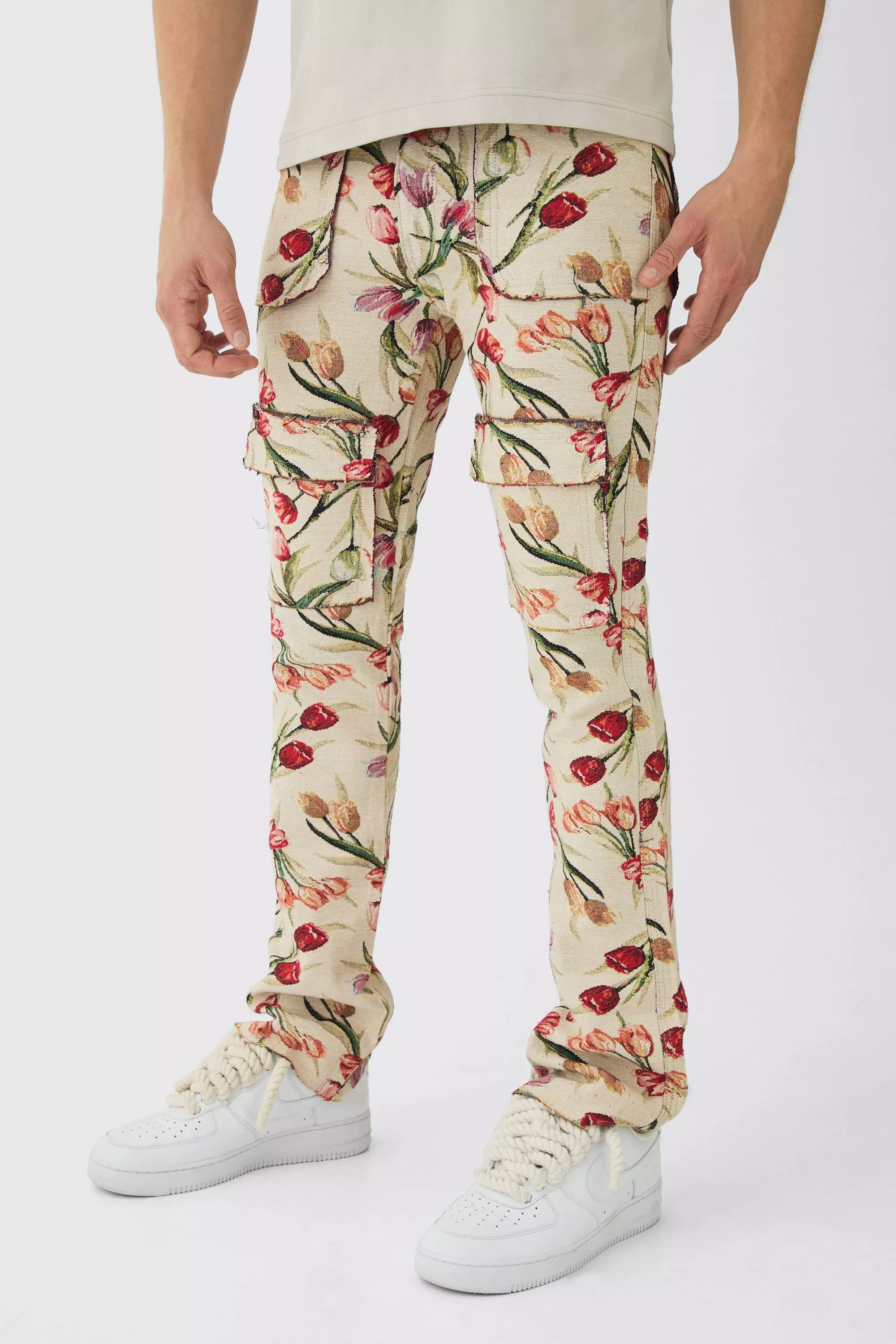 Fixed Waist Slim Flare Stacked Floral Tapestry Cargo Pants Ecru