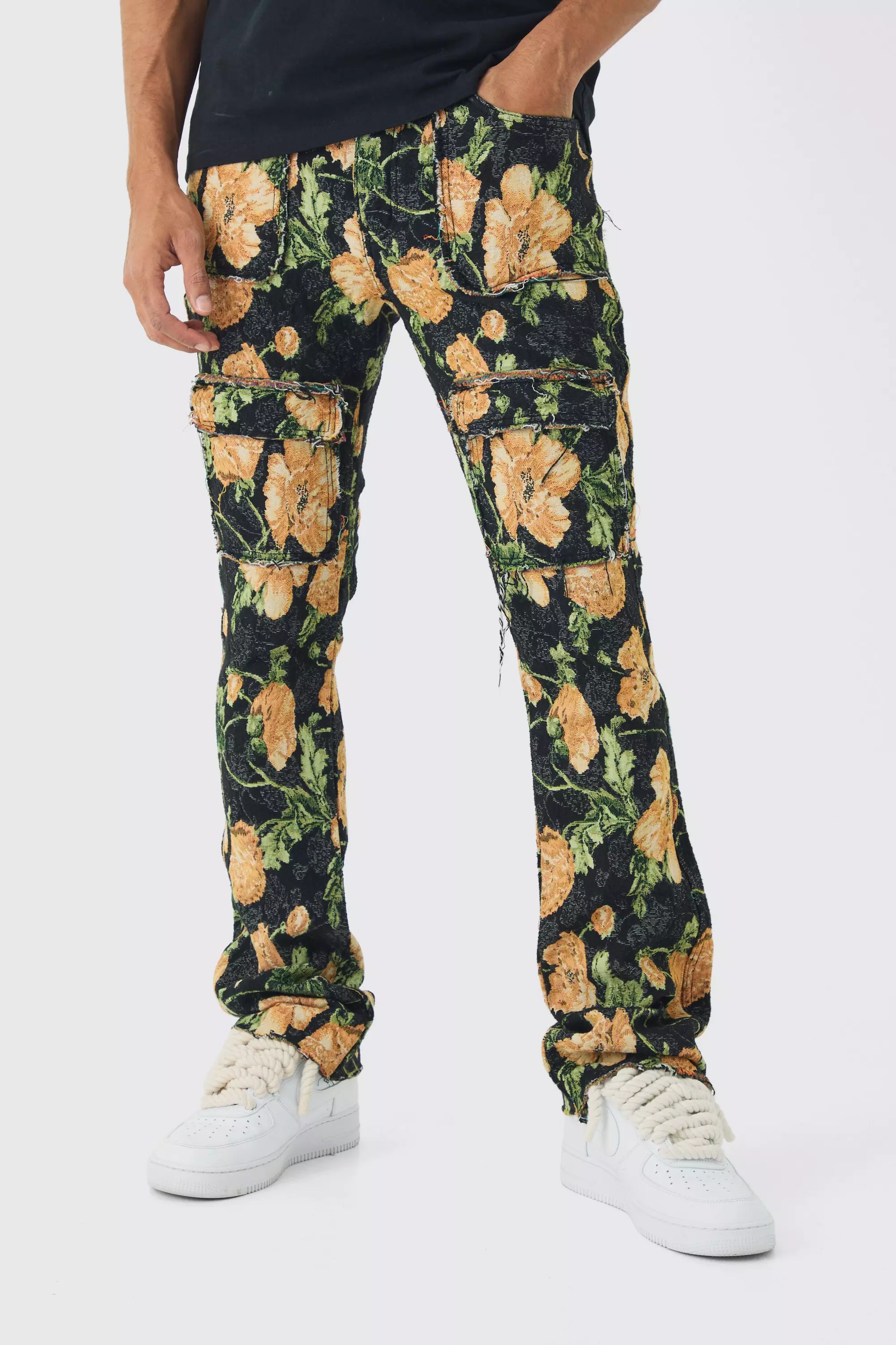 Black Fixed Waist Slim Flare Stacked Floral Tapestry Cargo Pants